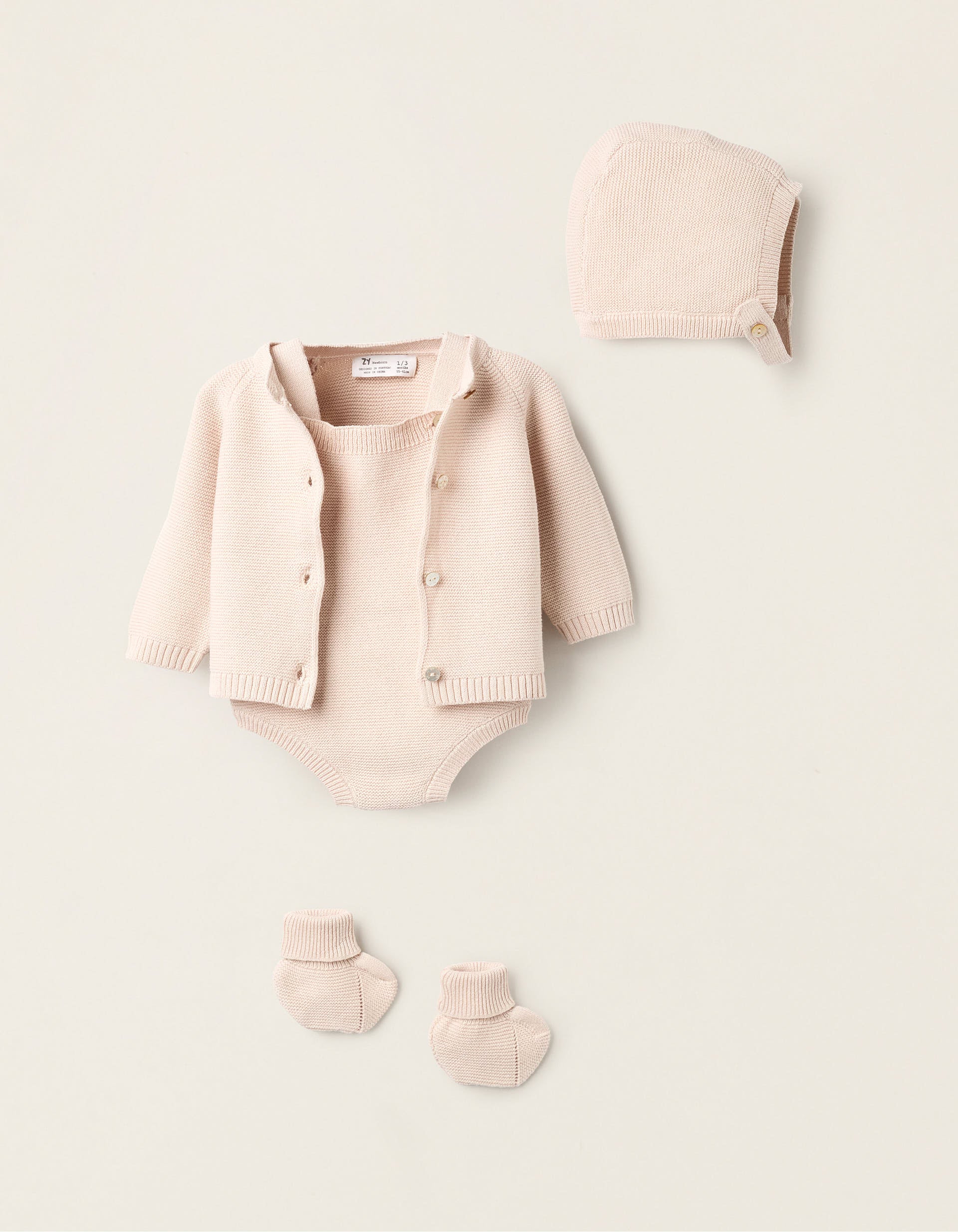 4-Piece Knitted Set in Cotton for Newborns, Beige