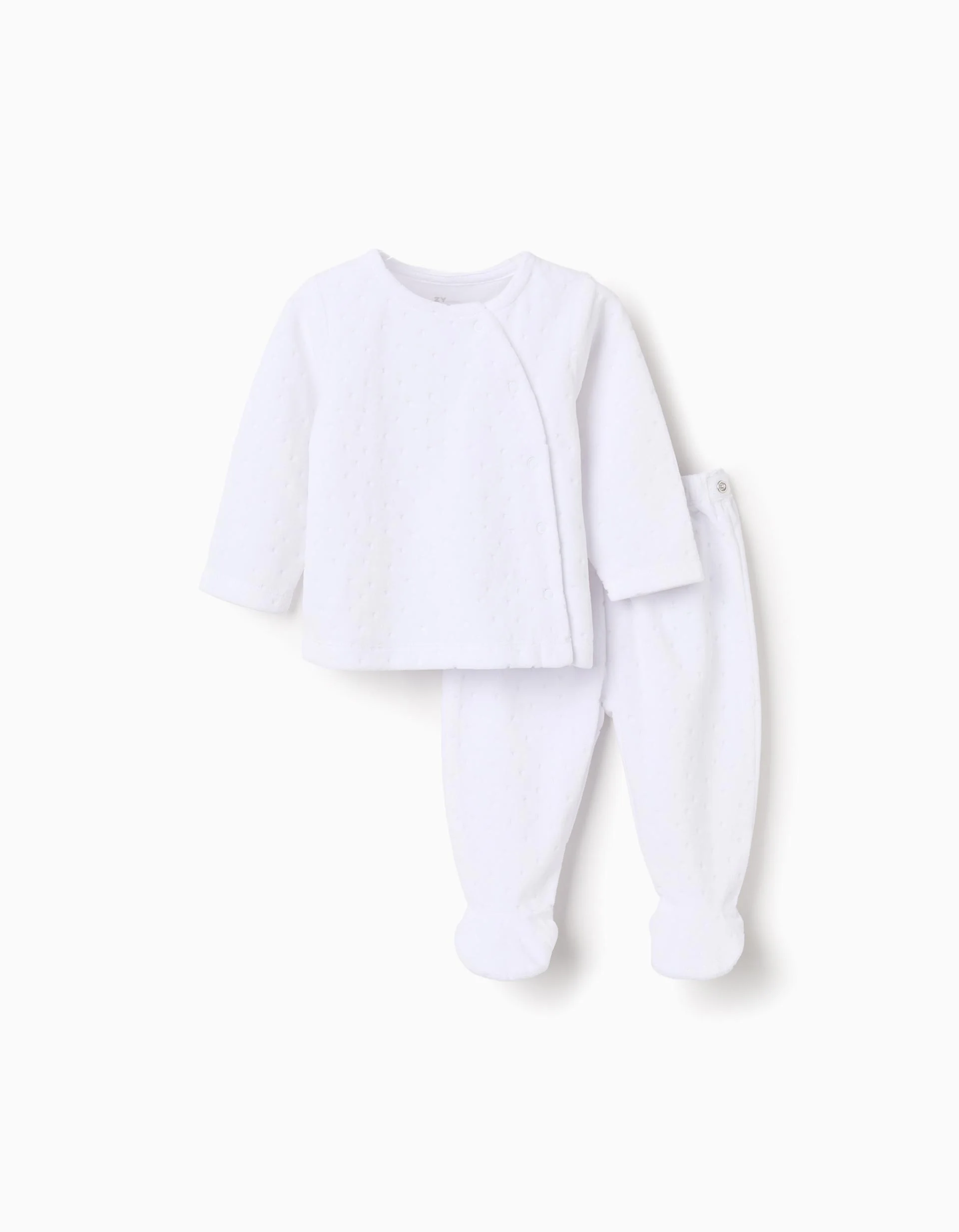 Velvet set of jumper + footed trousers for newborns, white
