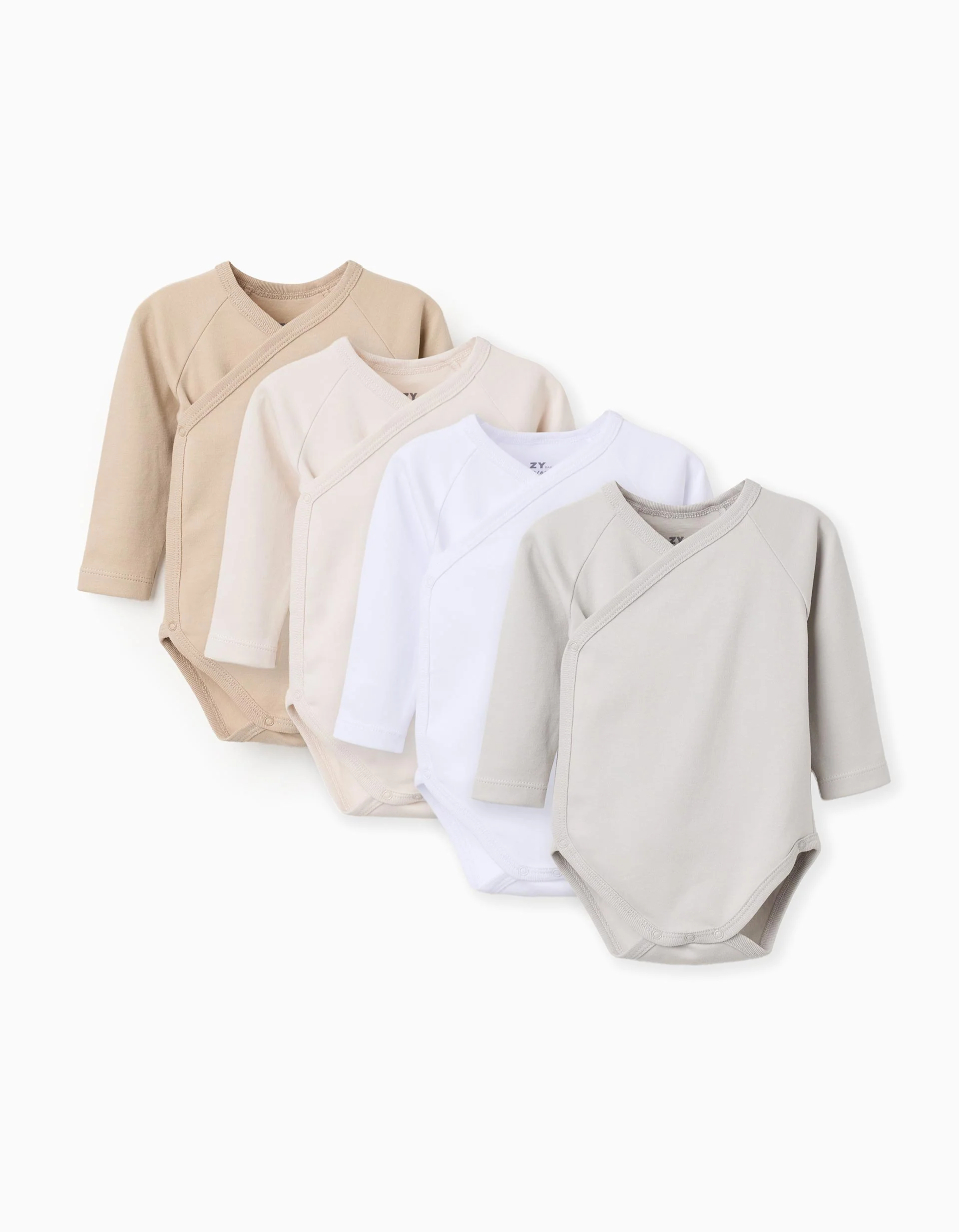 Pack of 4 Cotton Wrapover Bodysuits for Newborns and Babies 'Pastel', White/Beige