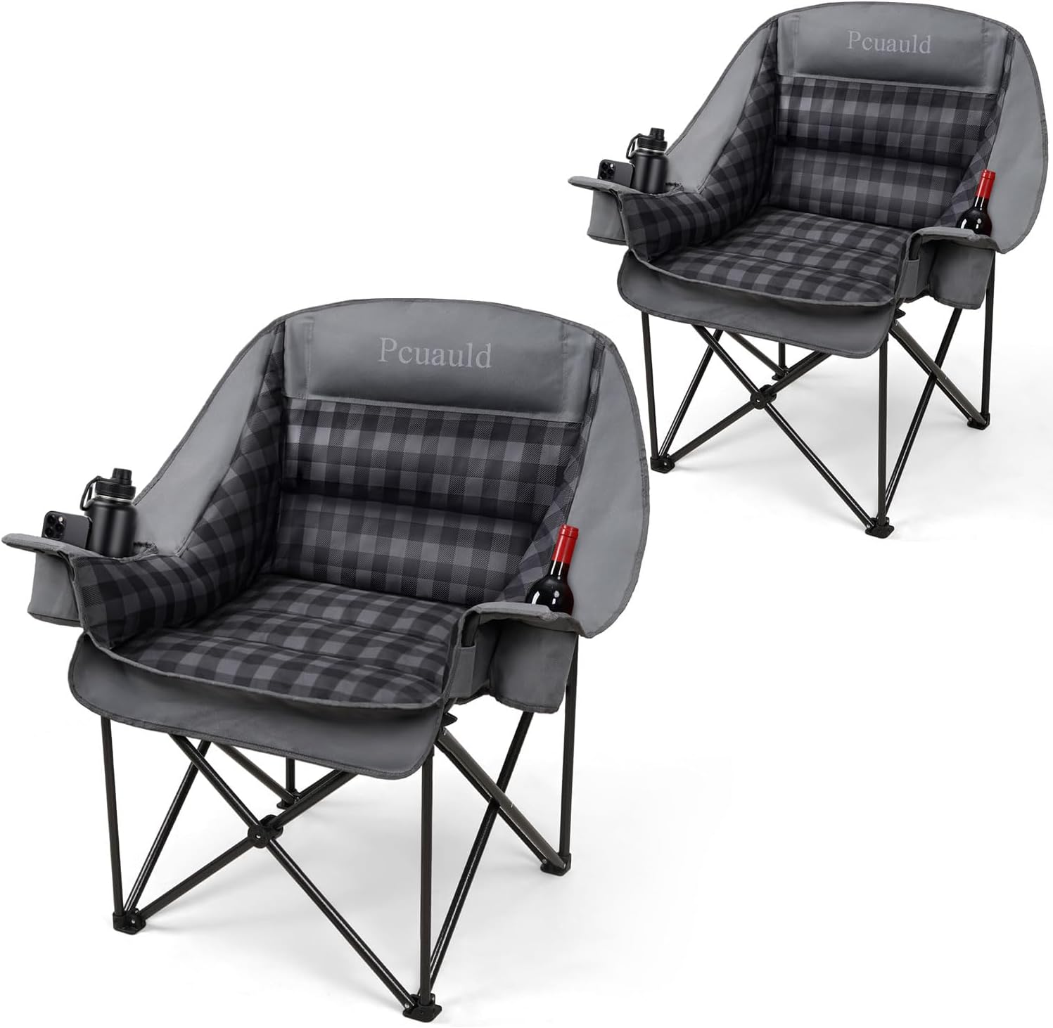 Pcuauld Camping Chairs for Adults 2 Pack Heavy Duty Padded Folding XL Camp Chairs with Cup Holder, Supports 500lbs, Oversized Large Outdoor Widen Comfy Lawn Chairs for Tailgating Sports Yard