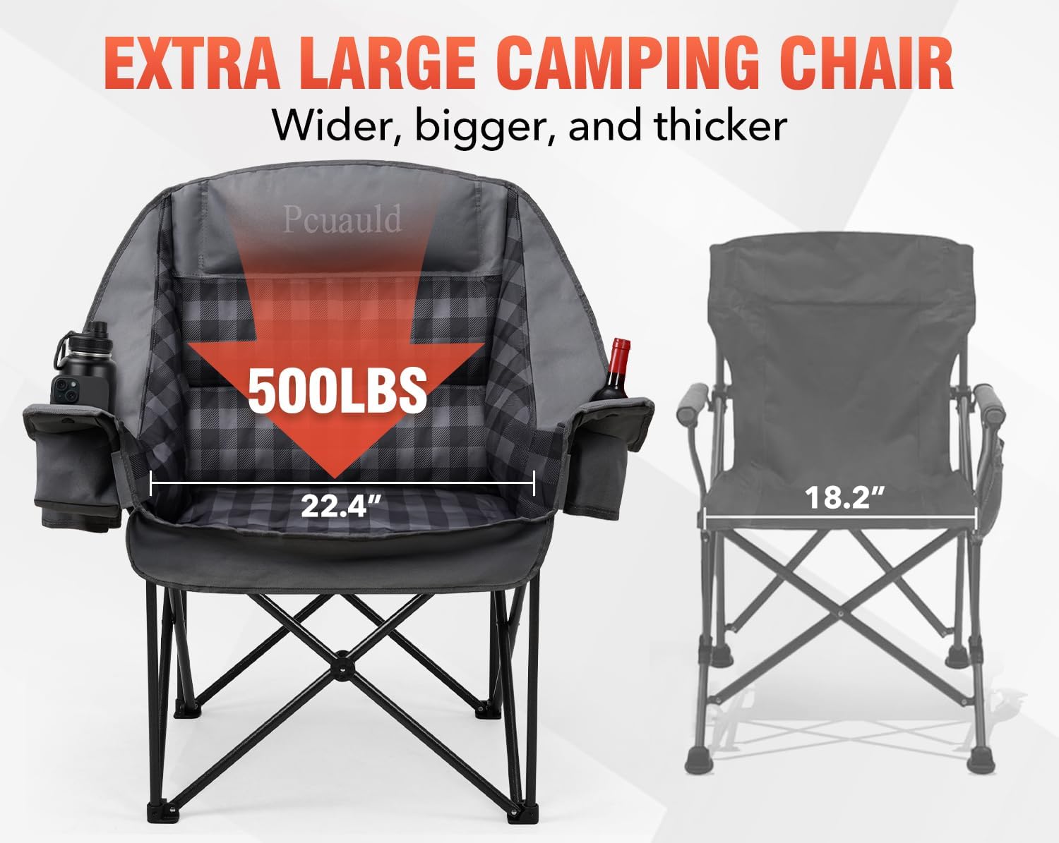 Pcuauld Camping Chairs for Adults 2 Pack Heavy Duty Padded Folding XL Camp Chairs with Cup Holder, Supports 500lbs, Oversized Large Outdoor Widen Comfy Lawn Chairs for Tailgating Sports Yard