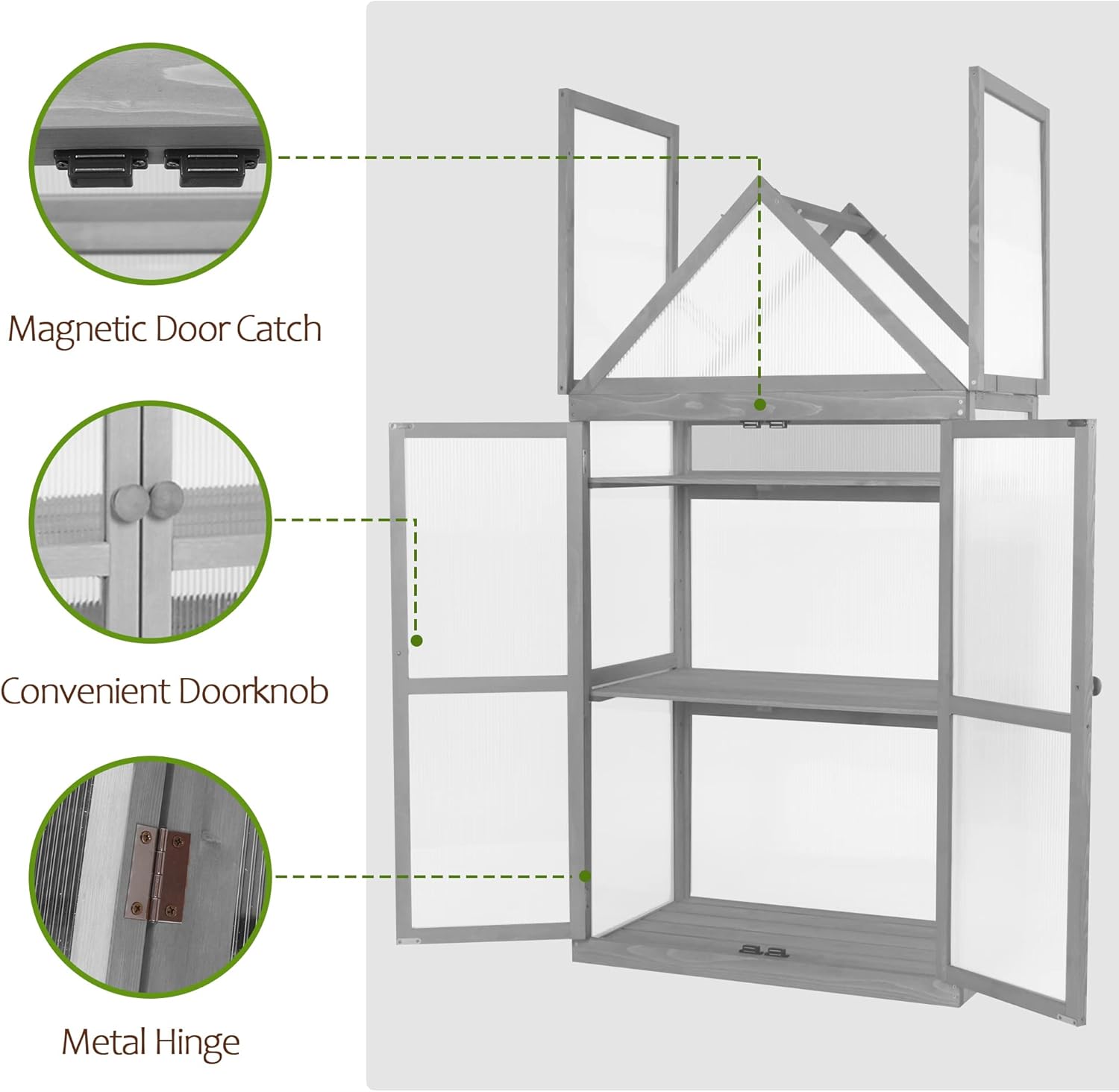 MCombo Greenhouse Cold Frame Wooden Garden Raised Flower Planter Shelf with Hard Translucent PC Protection, 0800 (Grey)