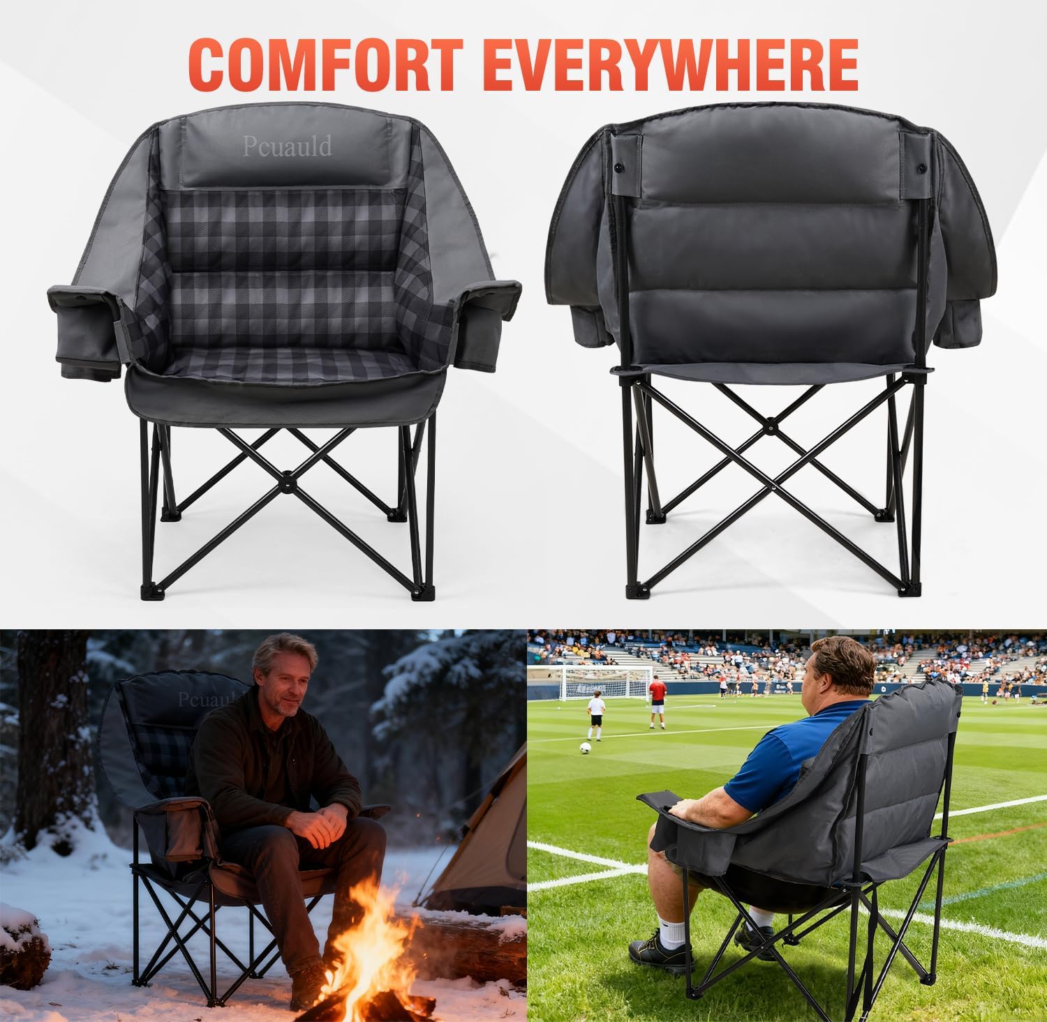 Pcuauld Camping Chairs for Adults 2 Pack Heavy Duty Padded Folding XL Camp Chairs with Cup Holder, Supports 500lbs, Oversized Large Outdoor Widen Comfy Lawn Chairs for Tailgating Sports Yard