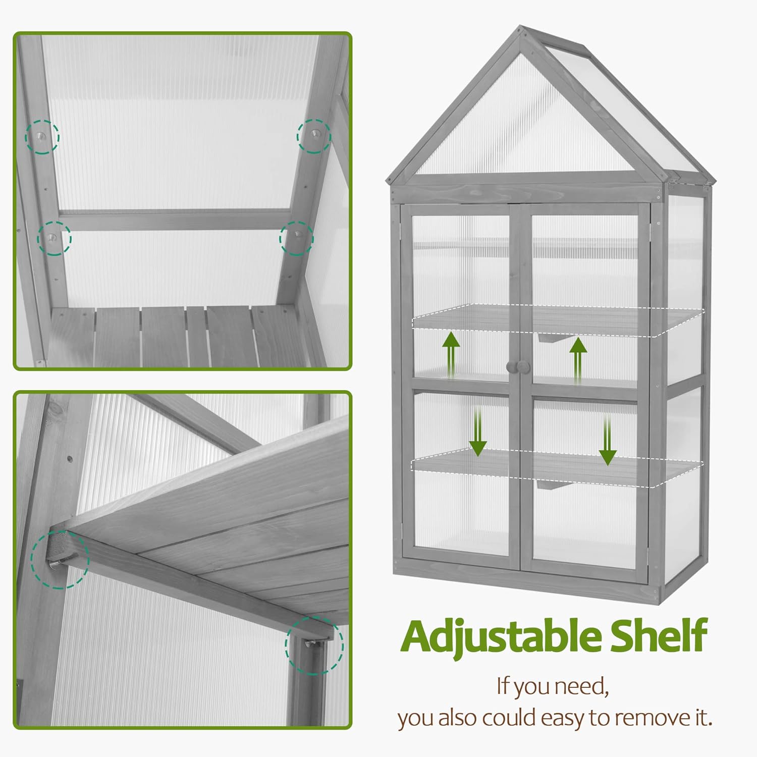 MCombo Greenhouse Cold Frame Wooden Garden Raised Flower Planter Shelf with Hard Translucent PC Protection, 0800 (Grey)