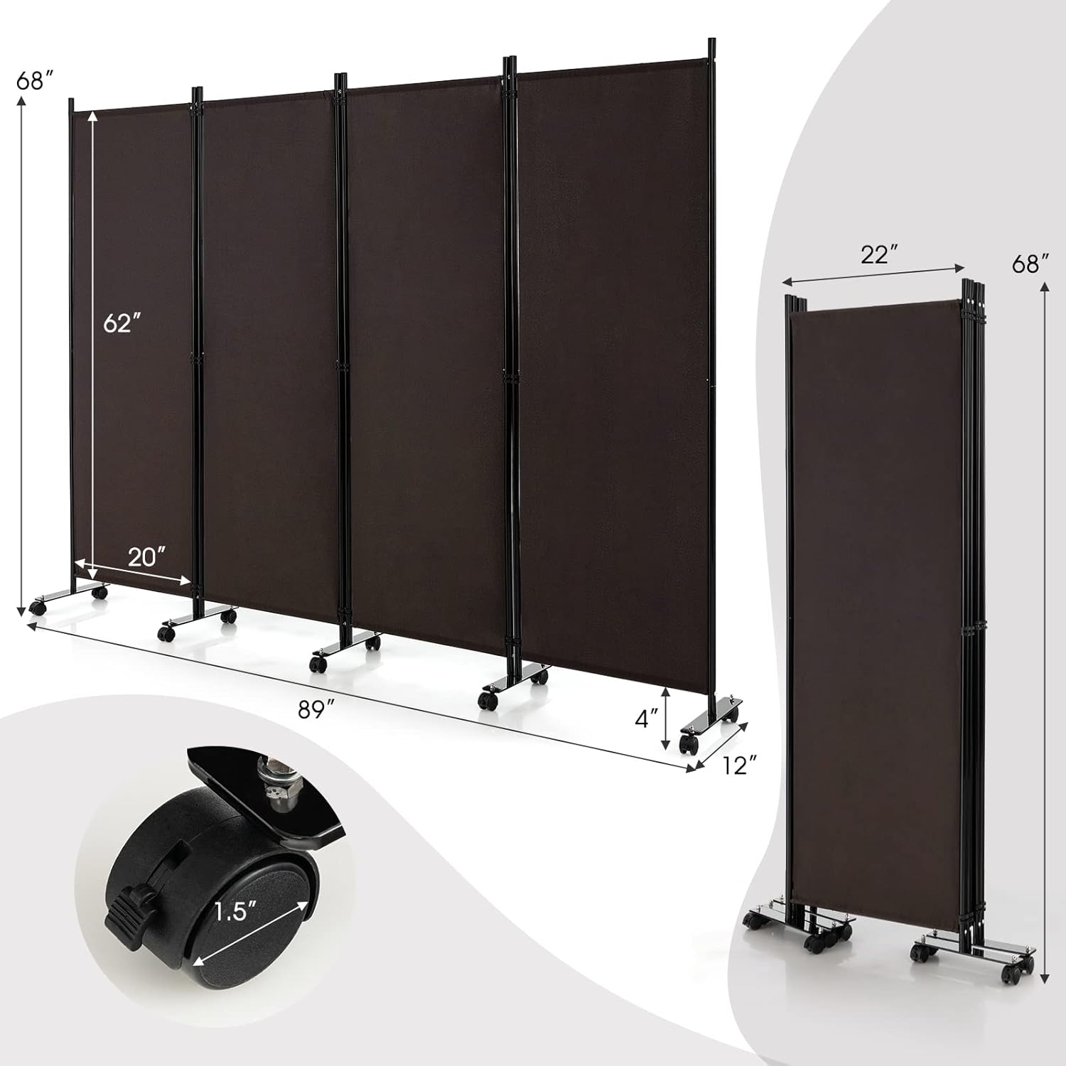 GOFLAME 4 Panel Folding Room Divider, 6FT Rolling Privacy Screen with Lockable Wheels, Portable Room Partition Screen, Freestanding Wall Divider and Separator for Home Office, Brown