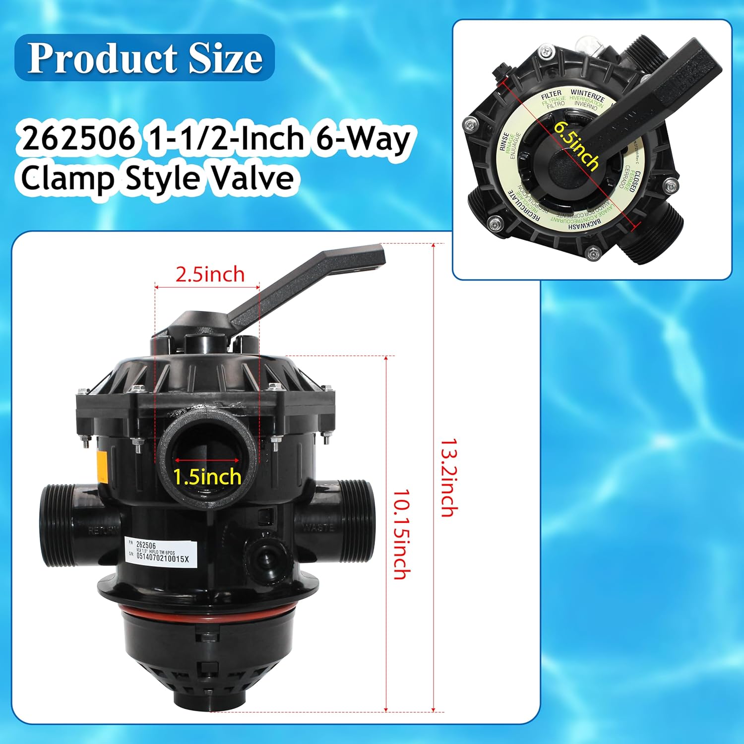 RDIYIN 262506 1-1/2-Inch 6-Way Clamp Style Valve,Compatible with Pool and Spa Sand Filter,Aftermarket Part.