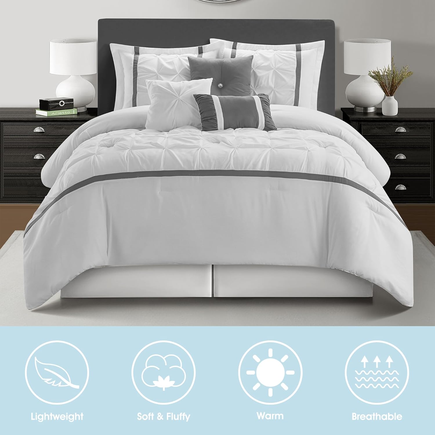 LANCO MODERN LIFESTYLE White Grey Comforter Set, King, 7 Piece Bed in a Bag, Microfiber Handcrafted Pintucking, All Season Bedding Set with Comforter, Bedskirt, Pillow Shams and Decro Pillows