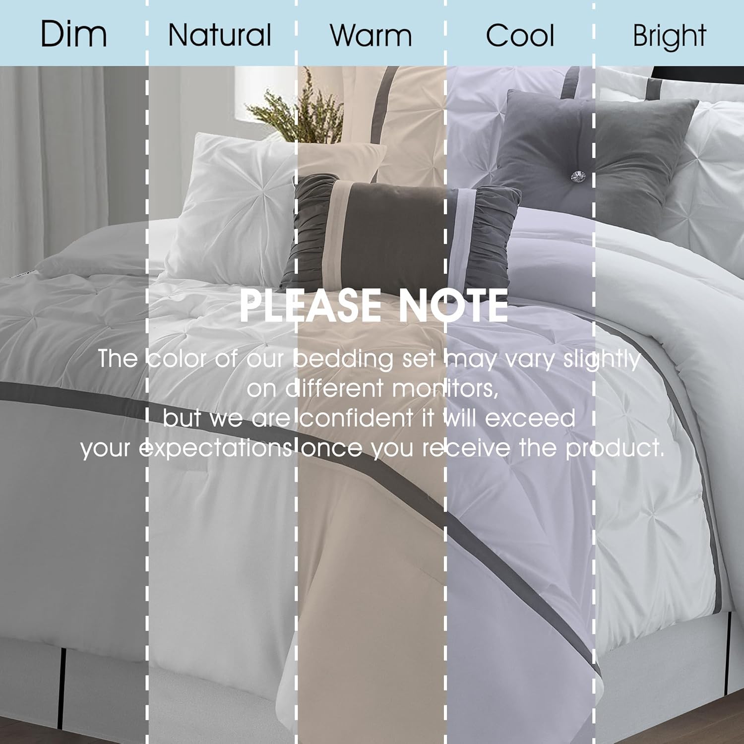 LANCO MODERN LIFESTYLE White Grey Comforter Set, King, 7 Piece Bed in a Bag, Microfiber Handcrafted Pintucking, All Season Bedding Set with Comforter, Bedskirt, Pillow Shams and Decro Pillows
