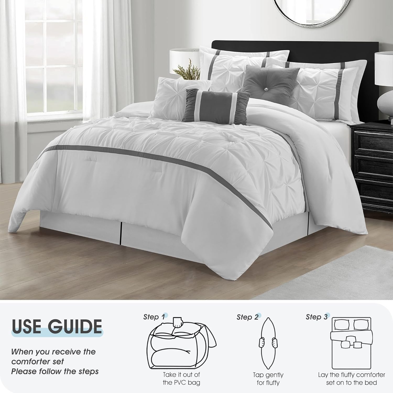 LANCO MODERN LIFESTYLE White Grey Comforter Set, King, 7 Piece Bed in a Bag, Microfiber Handcrafted Pintucking, All Season Bedding Set with Comforter, Bedskirt, Pillow Shams and Decro Pillows