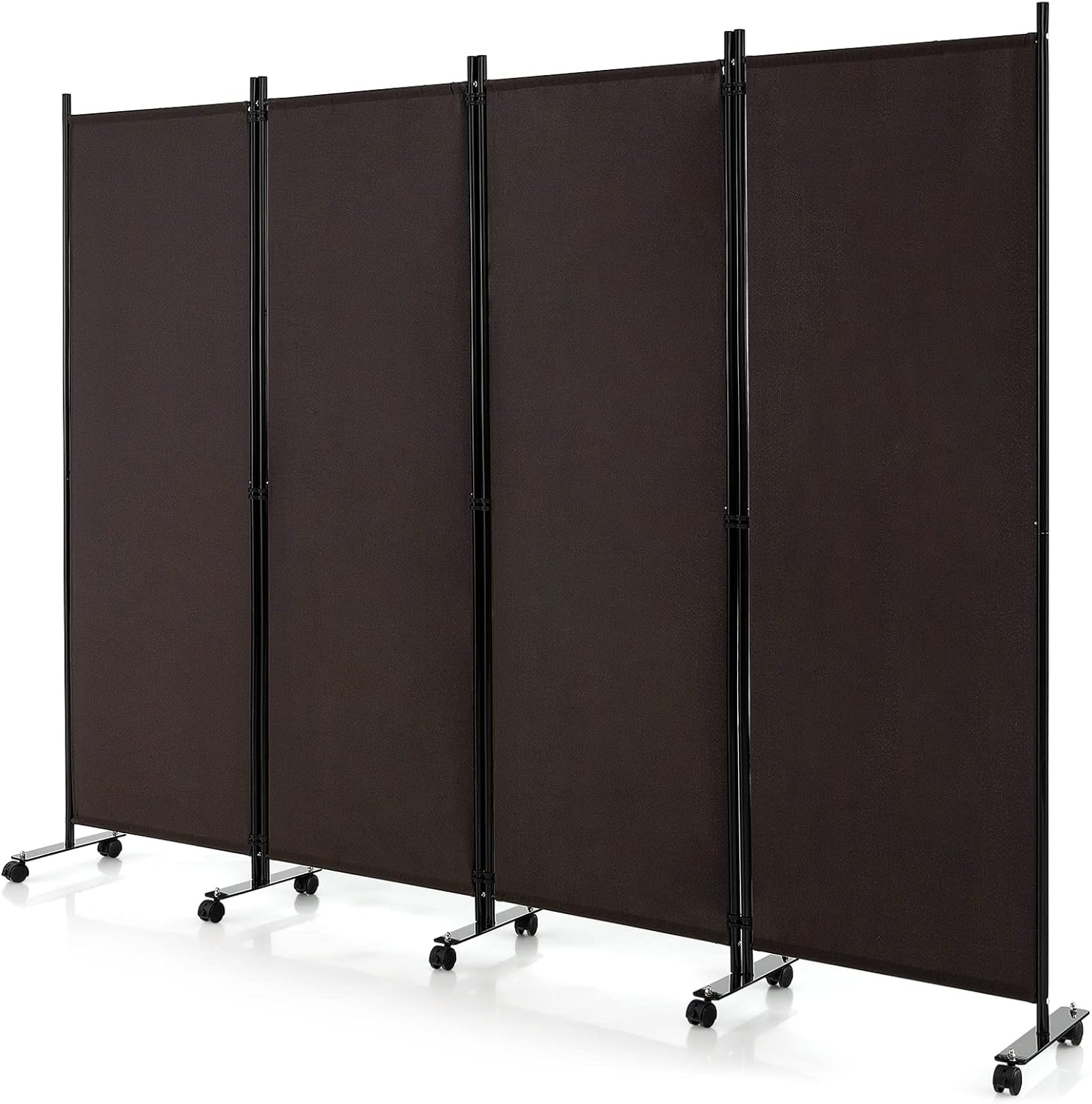 GOFLAME 4 Panel Folding Room Divider, 6FT Rolling Privacy Screen with Lockable Wheels, Portable Room Partition Screen, Freestanding Wall Divider and Separator for Home Office, Brown