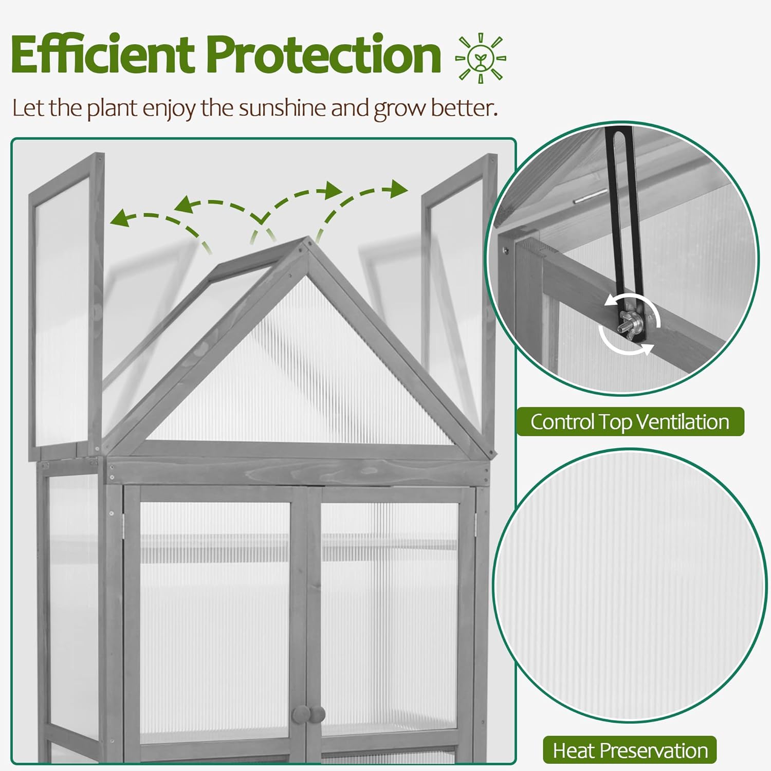 MCombo Greenhouse Cold Frame Wooden Garden Raised Flower Planter Shelf with Hard Translucent PC Protection, 0800 (Grey)