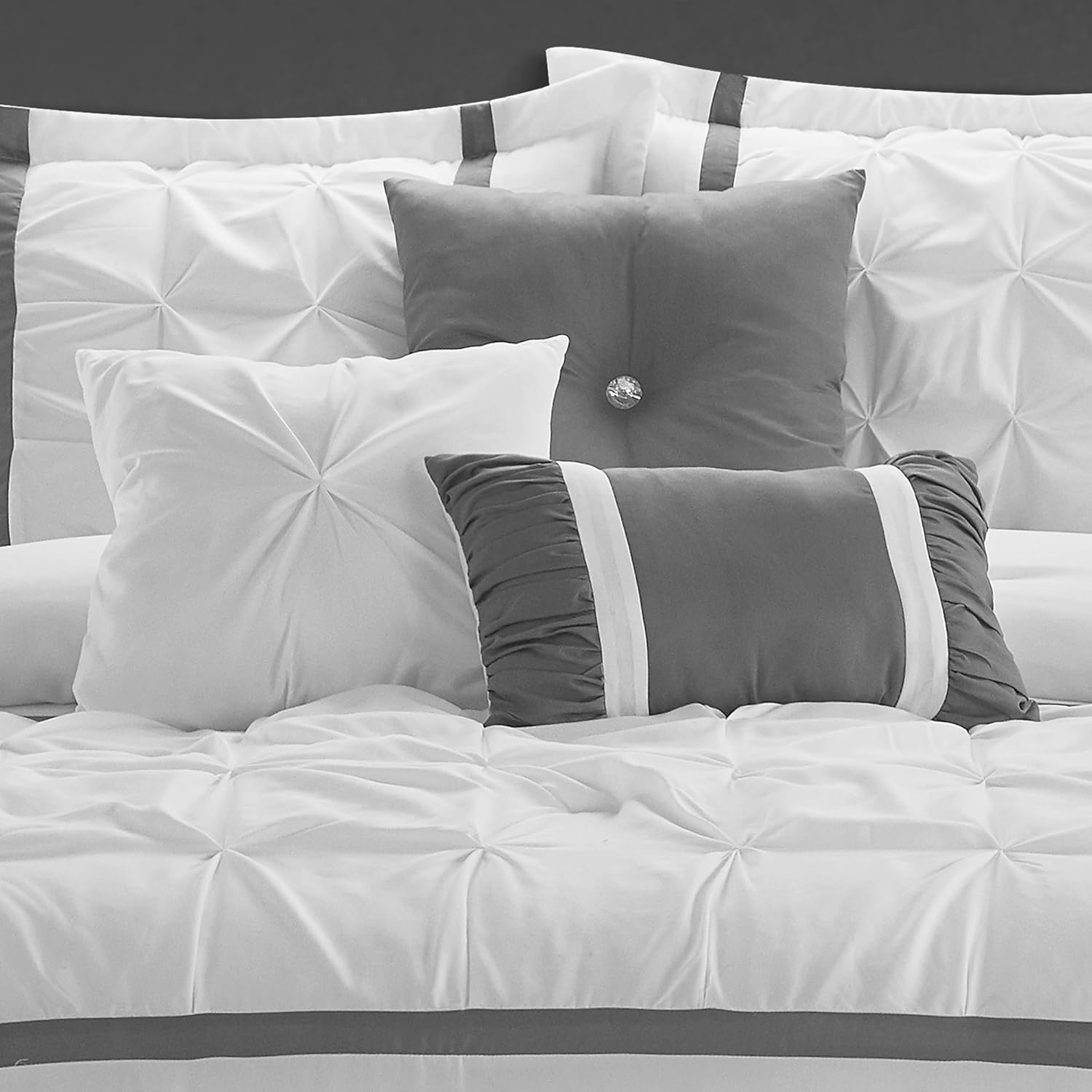 LANCO MODERN LIFESTYLE White Grey Comforter Set, King, 7 Piece Bed in a Bag, Microfiber Handcrafted Pintucking, All Season Bedding Set with Comforter, Bedskirt, Pillow Shams and Decro Pillows