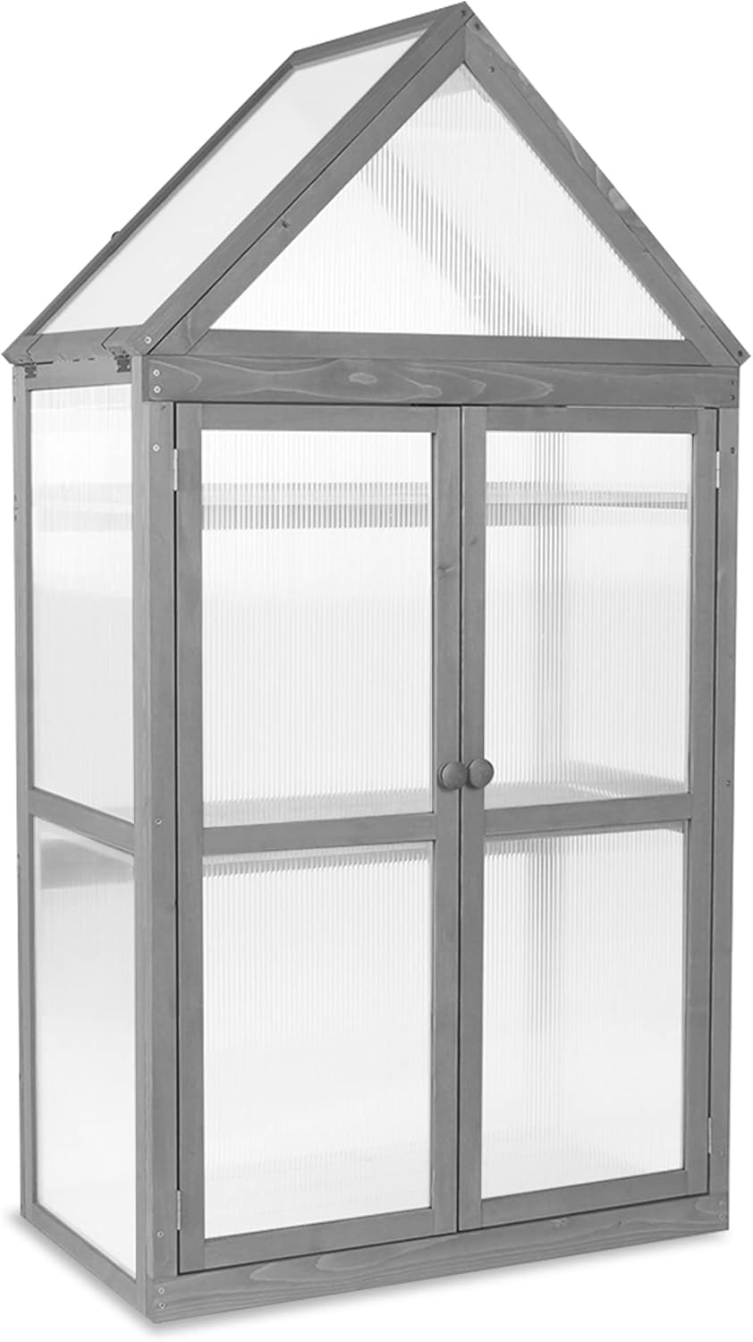 MCombo Greenhouse Cold Frame Wooden Garden Raised Flower Planter Shelf with Hard Translucent PC Protection, 0800 (Grey)