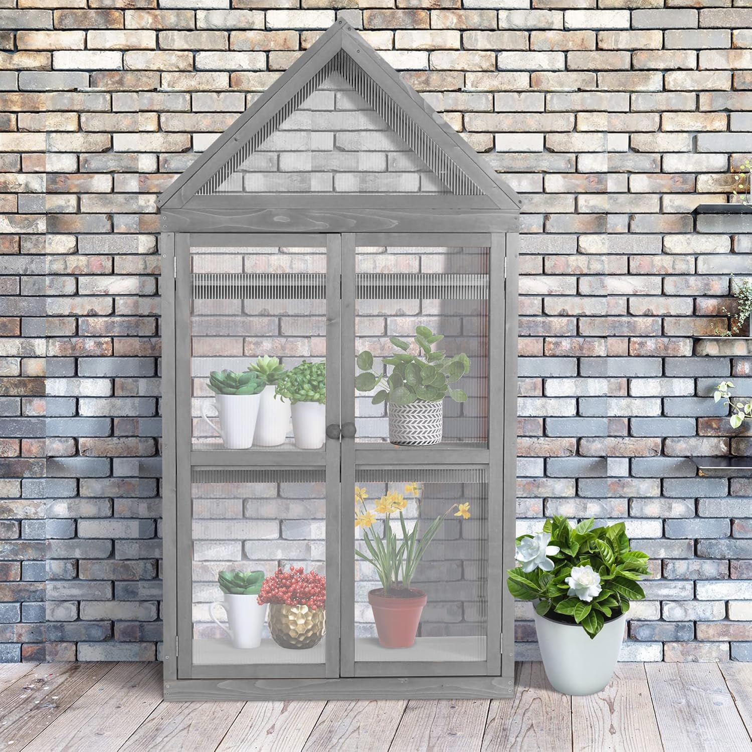 MCombo Greenhouse Cold Frame Wooden Garden Raised Flower Planter Shelf with Hard Translucent PC Protection, 0800 (Grey)