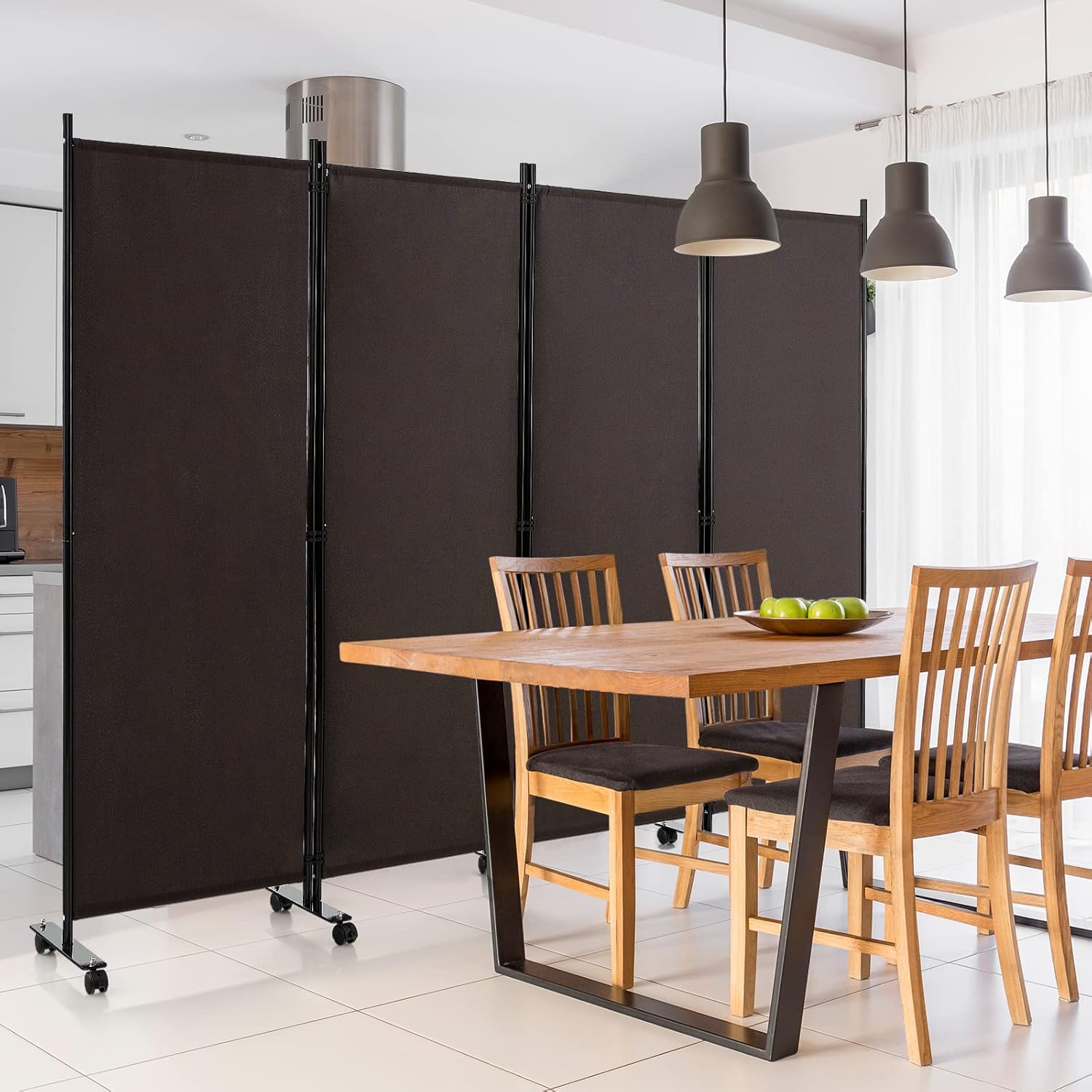 GOFLAME 4 Panel Folding Room Divider, 6FT Rolling Privacy Screen with Lockable Wheels, Portable Room Partition Screen, Freestanding Wall Divider and Separator for Home Office, Brown