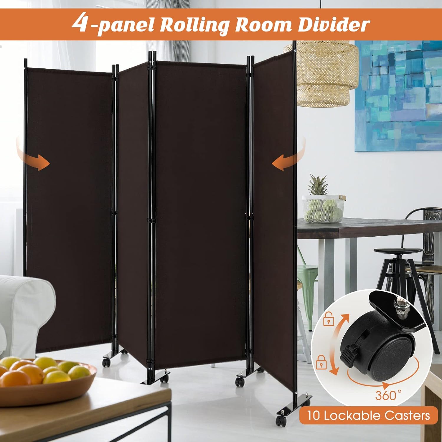 GOFLAME 4 Panel Folding Room Divider, 6FT Rolling Privacy Screen with Lockable Wheels, Portable Room Partition Screen, Freestanding Wall Divider and Separator for Home Office, Brown