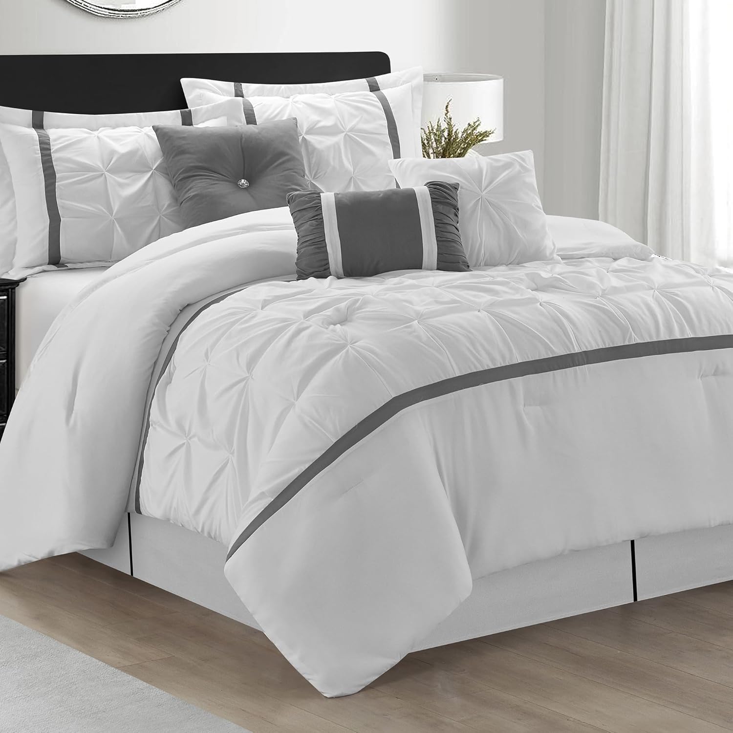 LANCO MODERN LIFESTYLE White Grey Comforter Set, King, 7 Piece Bed in a Bag, Microfiber Handcrafted Pintucking, All Season Bedding Set with Comforter, Bedskirt, Pillow Shams and Decro Pillows