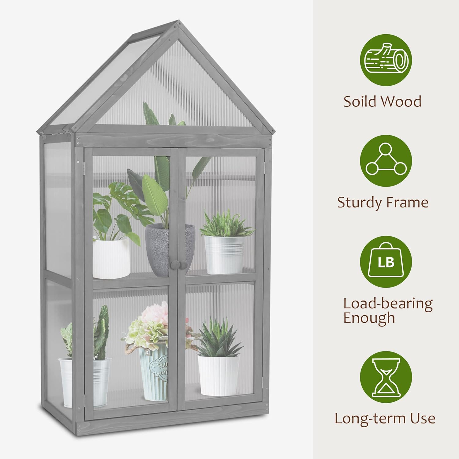 MCombo Greenhouse Cold Frame Wooden Garden Raised Flower Planter Shelf with Hard Translucent PC Protection, 0800 (Grey)