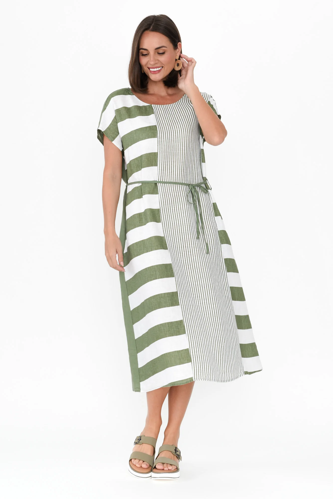 Nunez Khaki Stripe Linen Blend Dress