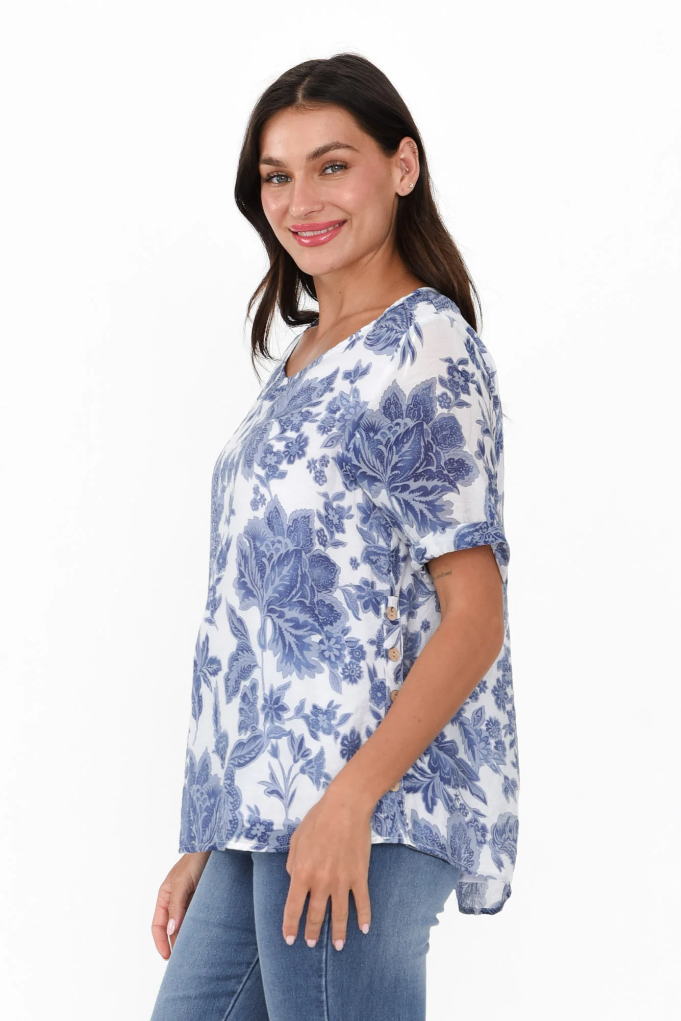 Perry Blue Floral Button Top