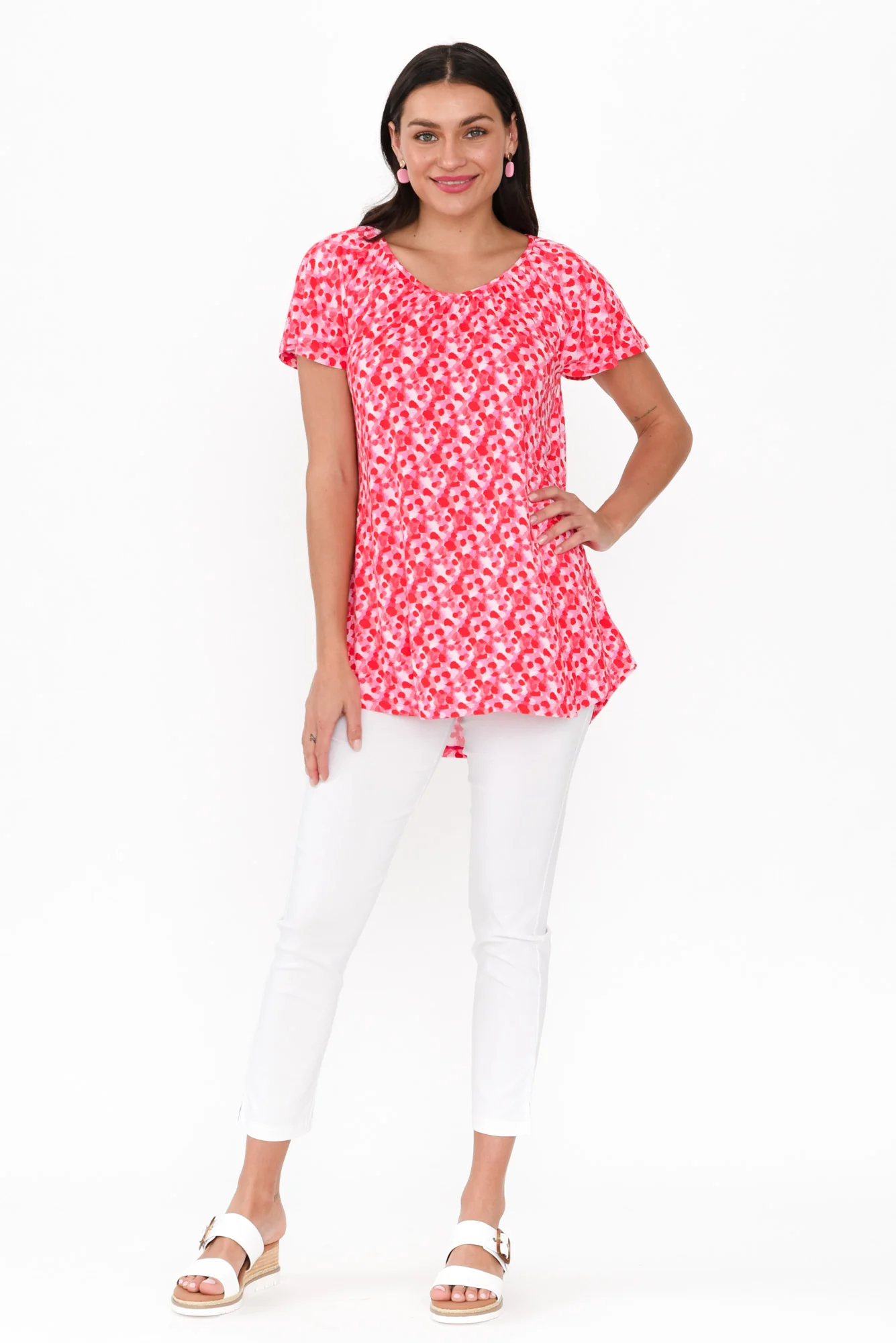 Cora Pink Spot Bamboo Blend Shirred Top