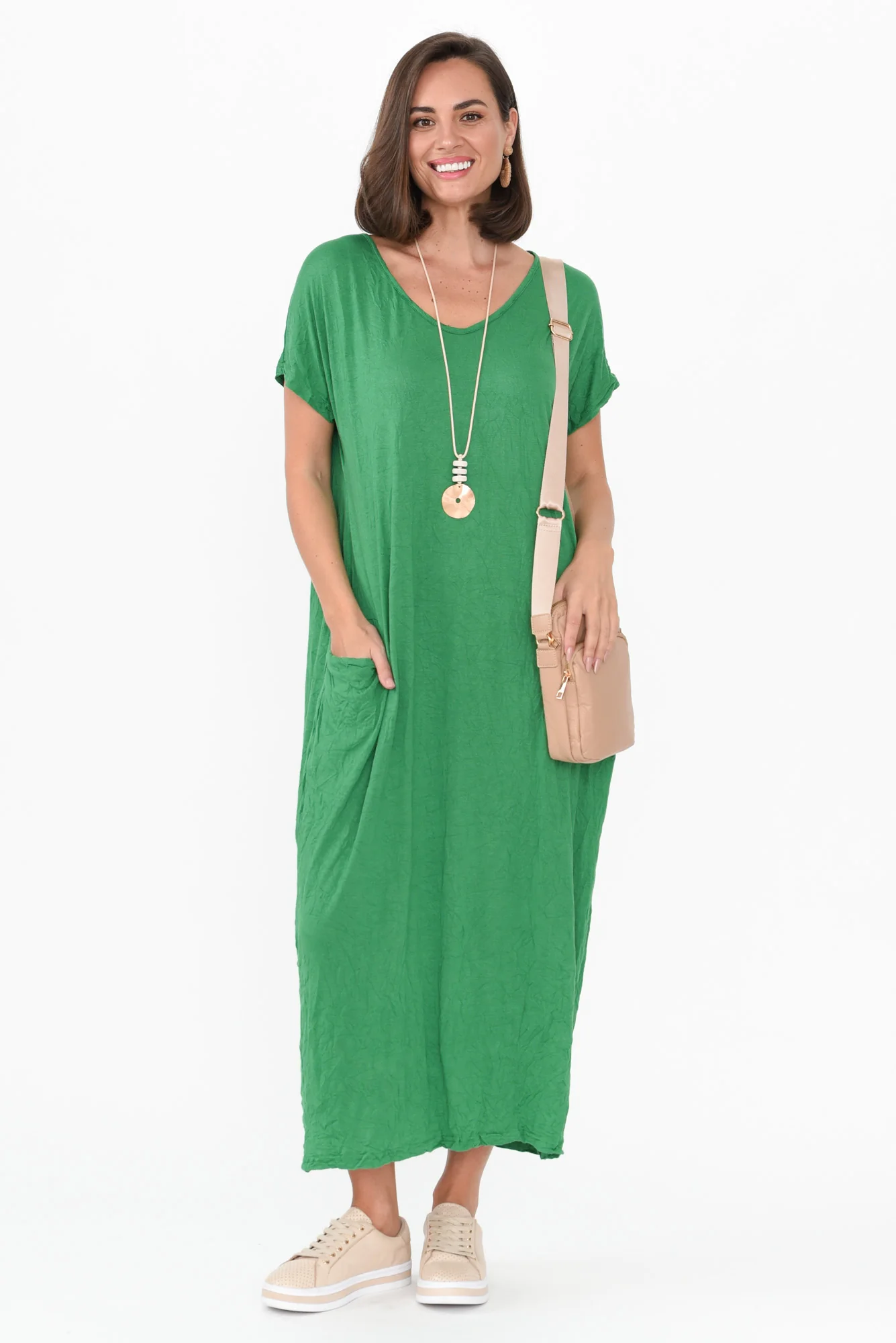 Travel Green Crinkle Cotton Maxi Dress