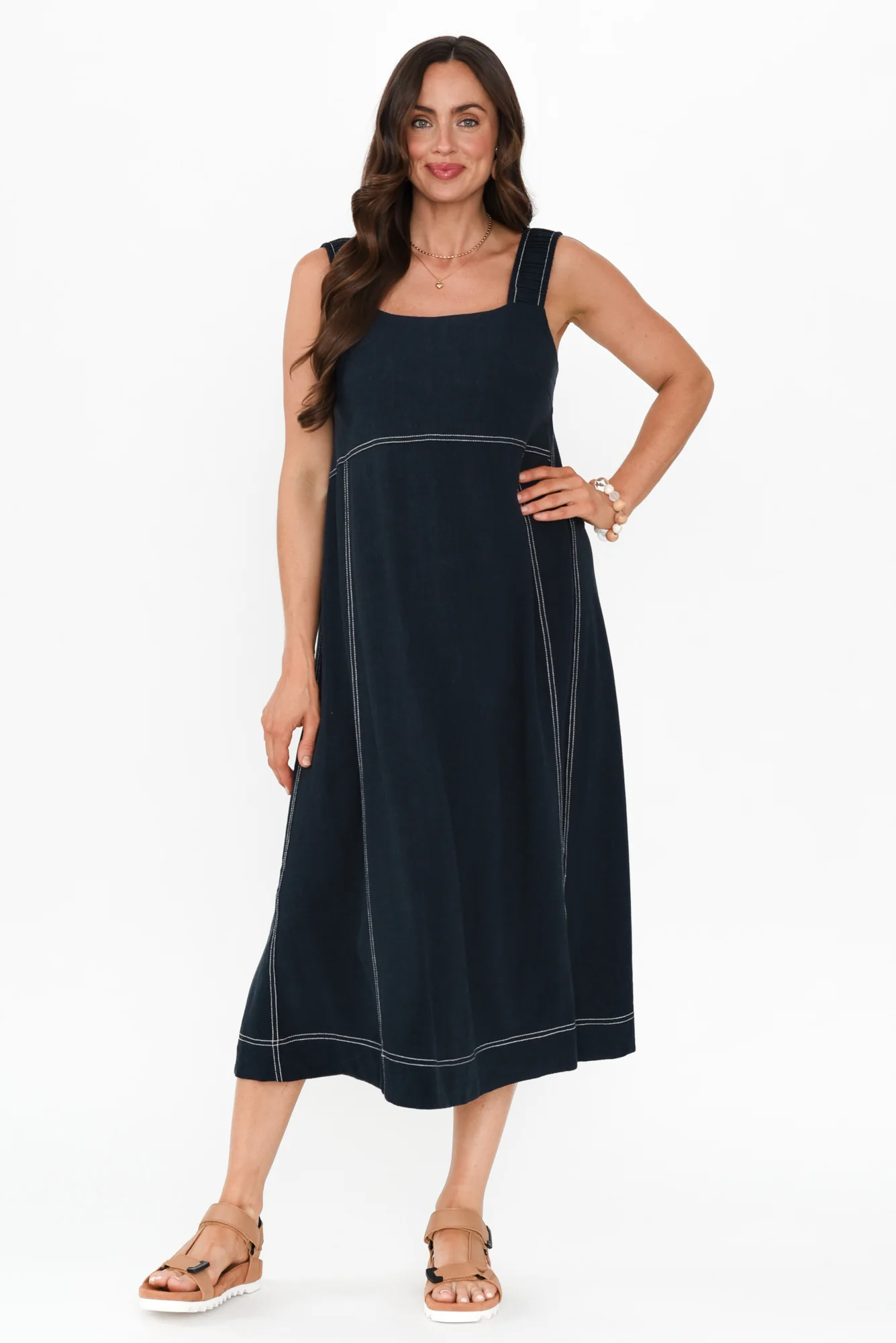 Saylor Navy Contrast Linen Blend Dress