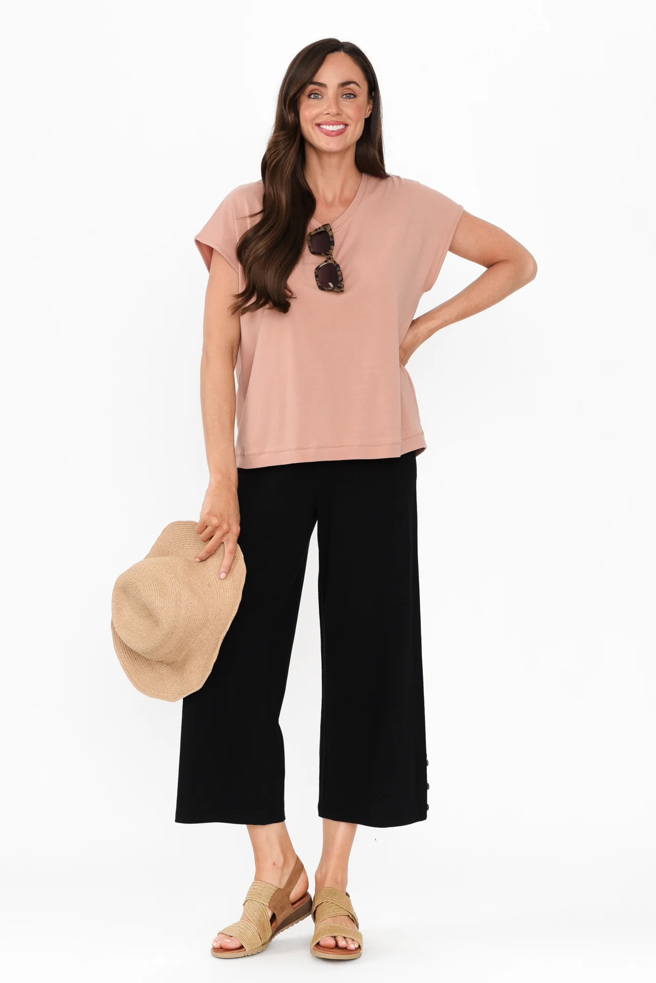 Eliana Black Cotton Shirred Cropped Pants