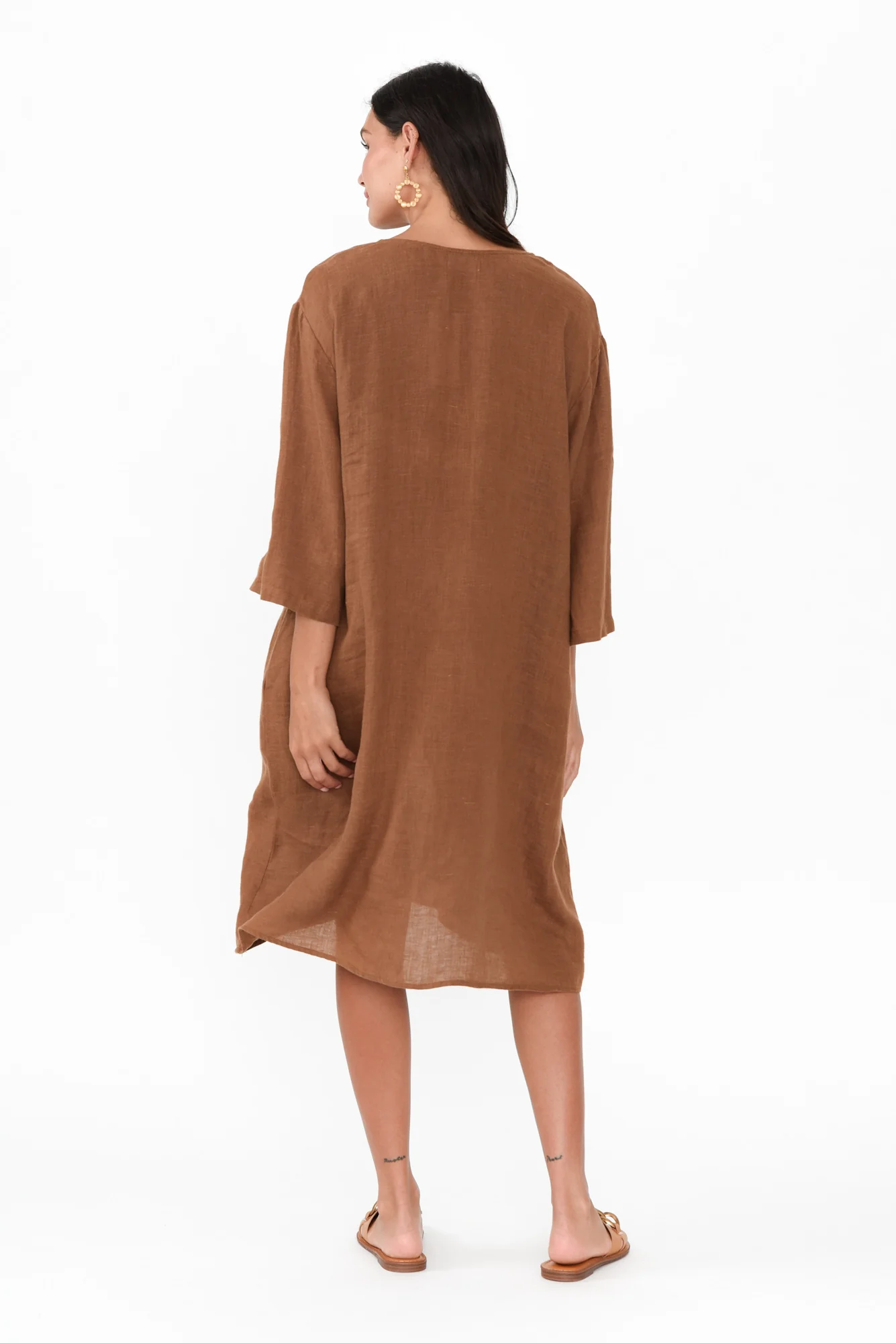 Sian Mocha Linen V Neck Dress