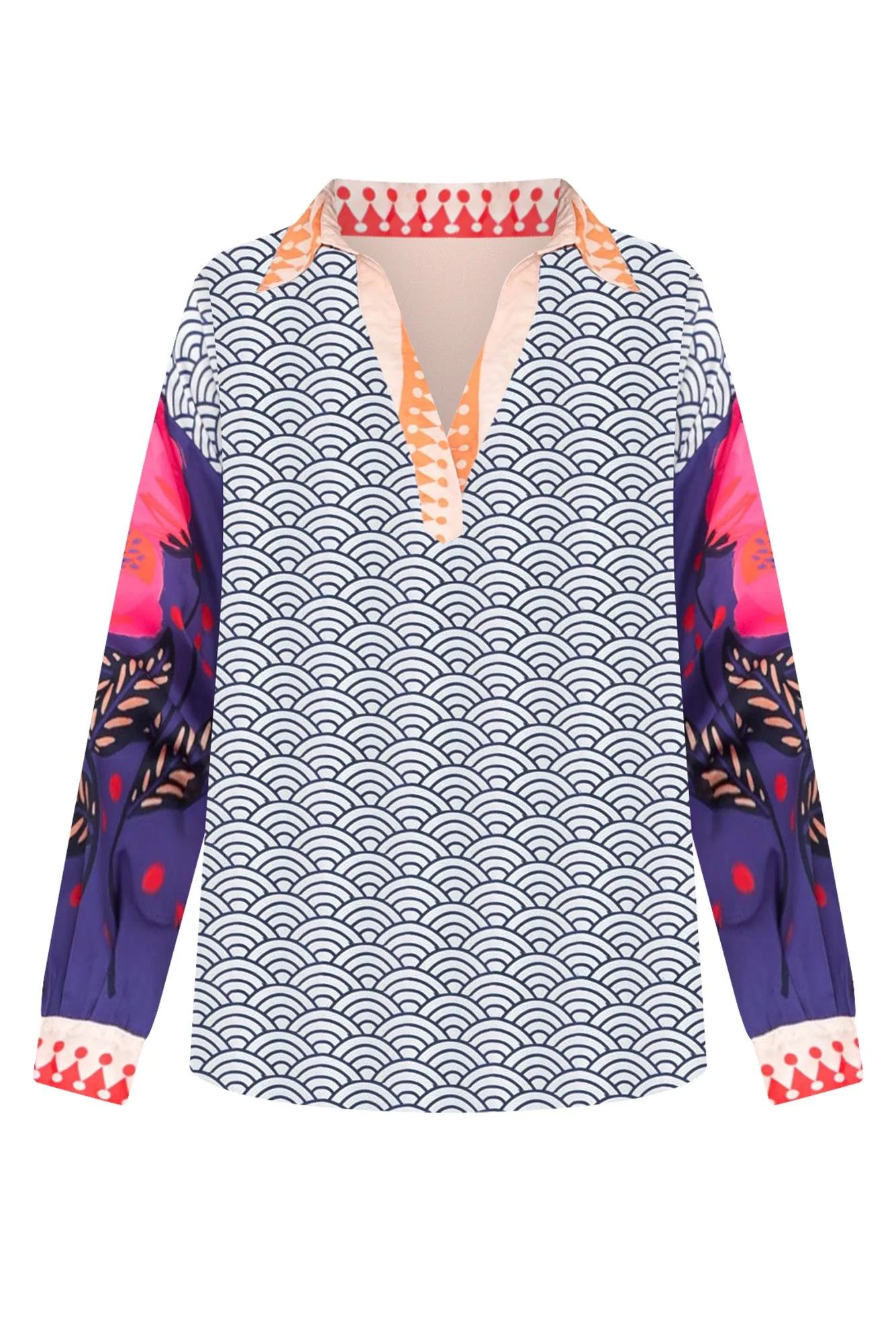 Suzy Navy Geo V Neck Shirt