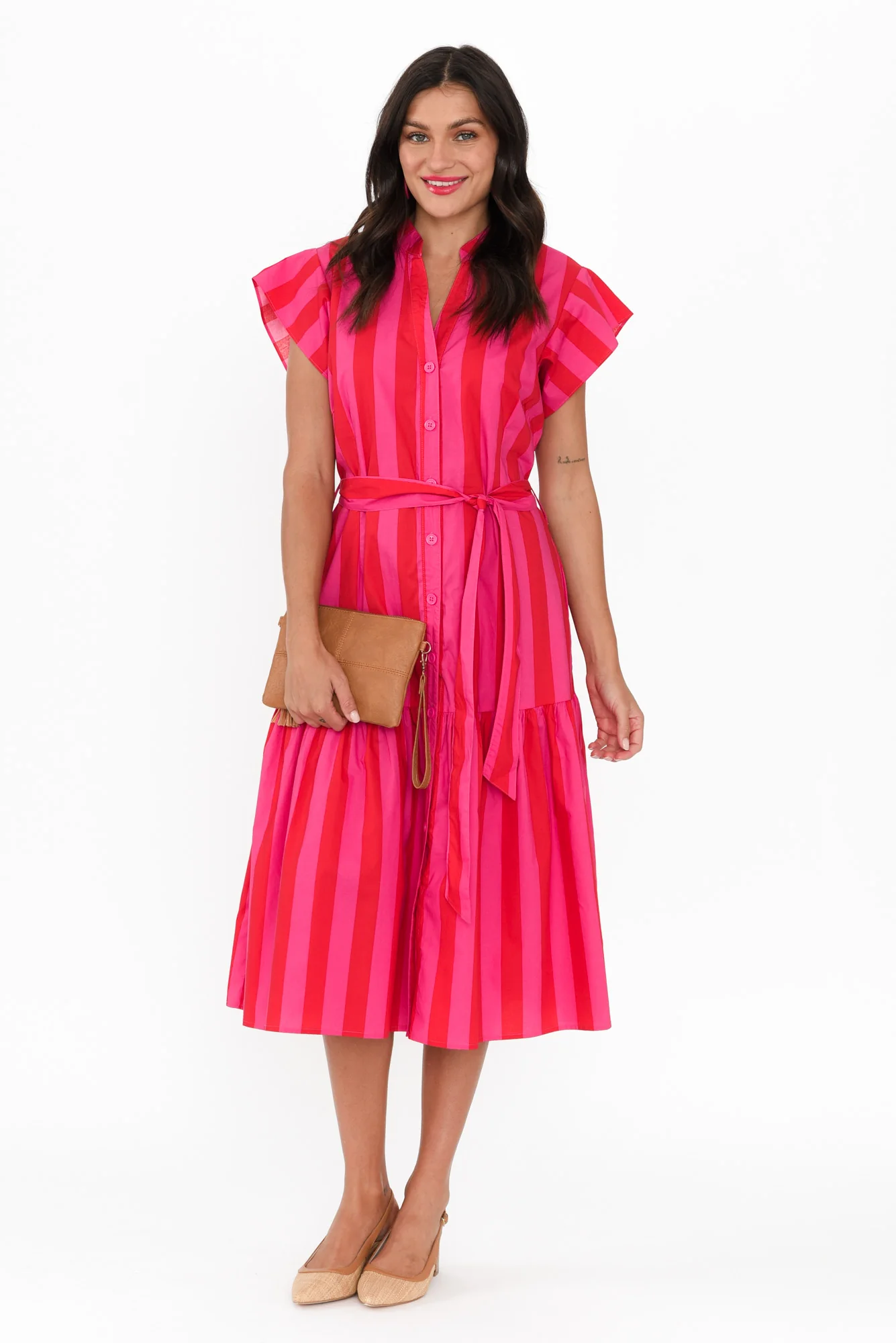 Mari Red Stripe Cotton Tie Dress
