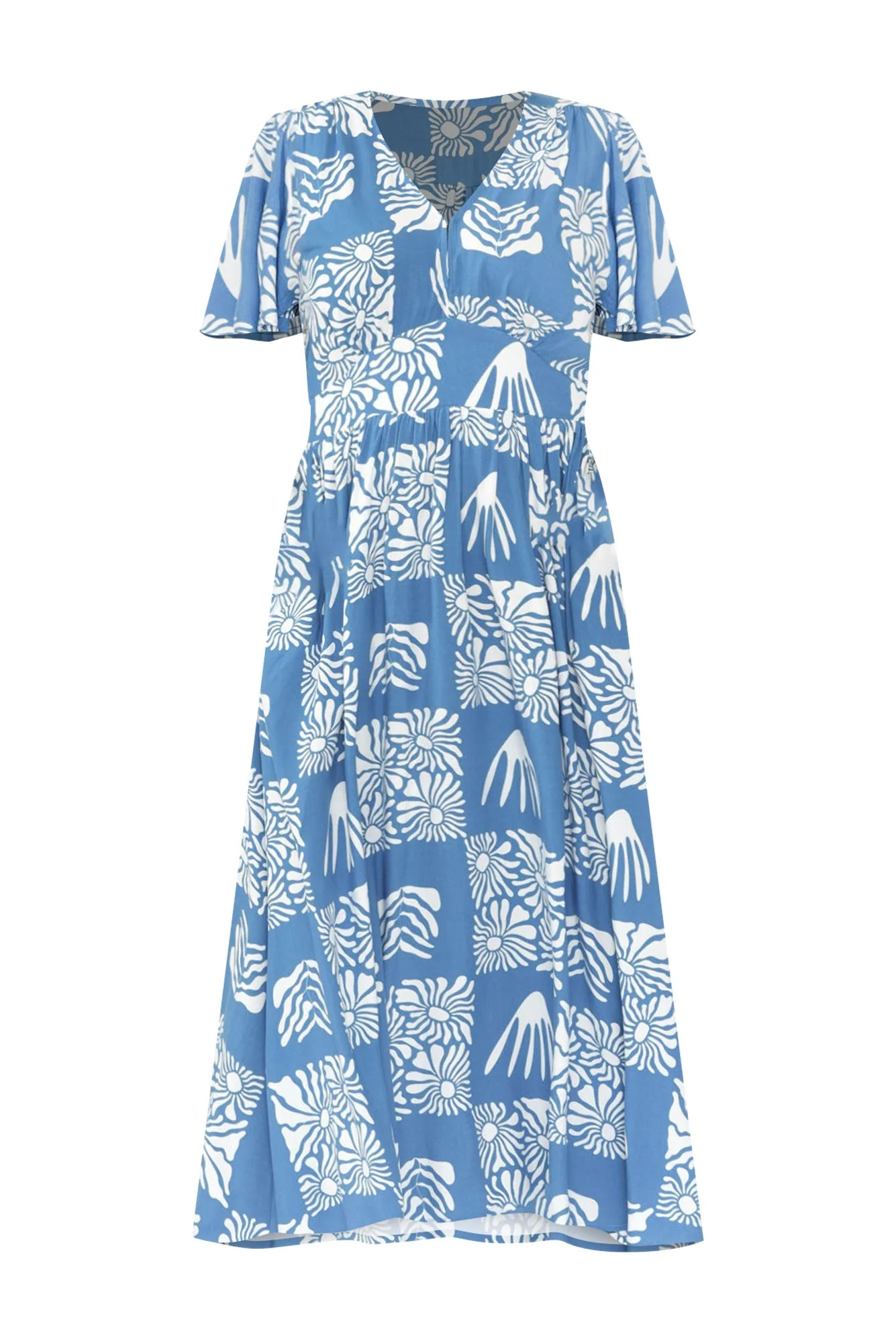Ora Blue Floral Flutter Sleeve Dress