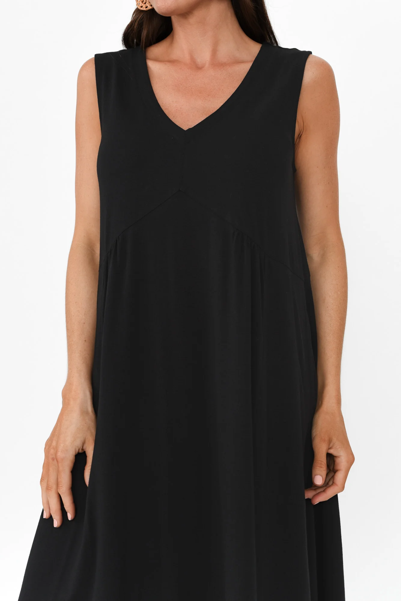 Tarah Black Cotton Stretch V Neck Dress