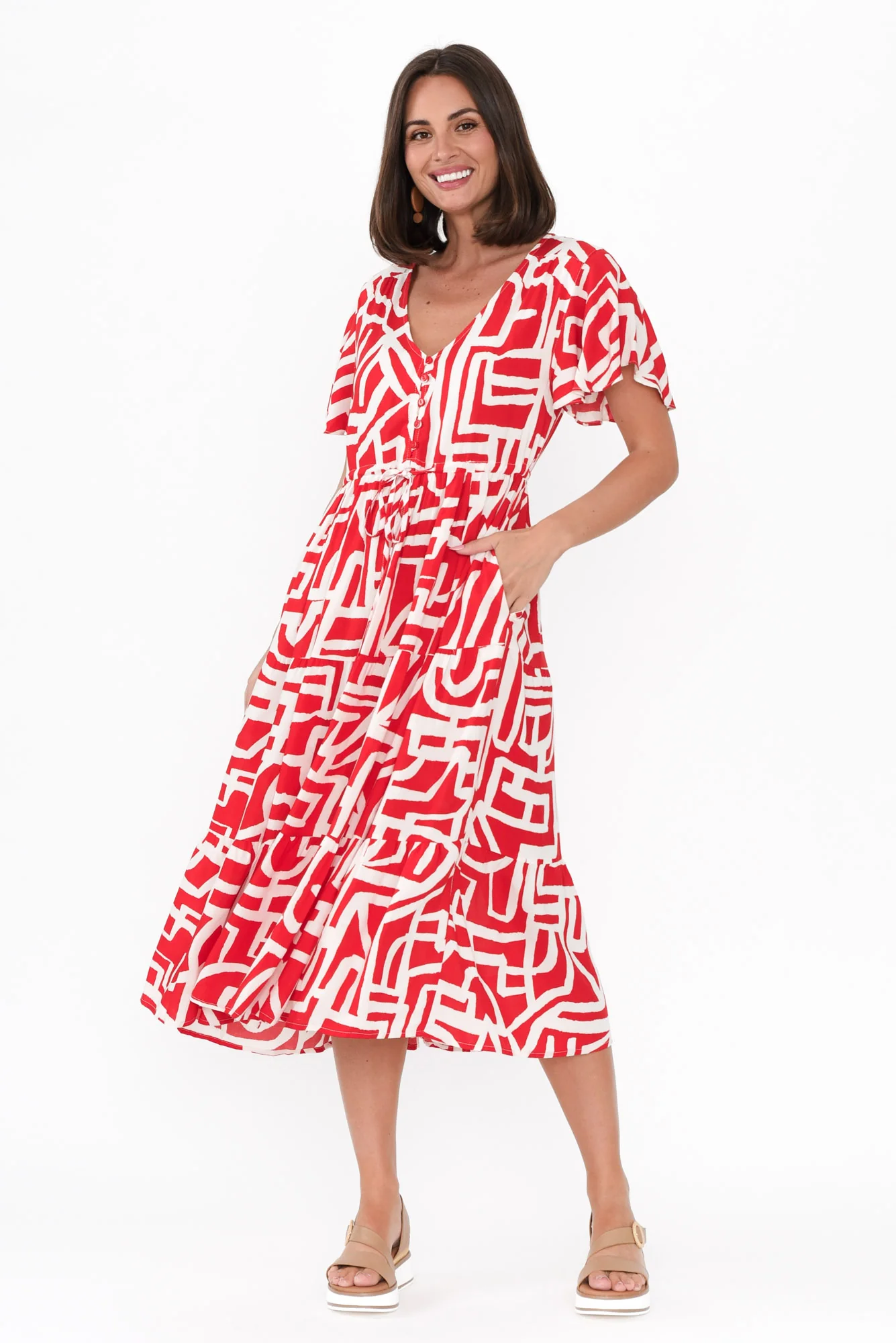 Johanne Red Abstract Tie Dress