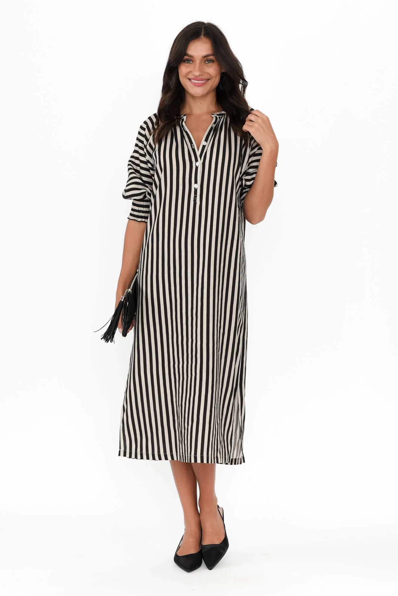Dorothea Black Stripe Linen Blend Dress