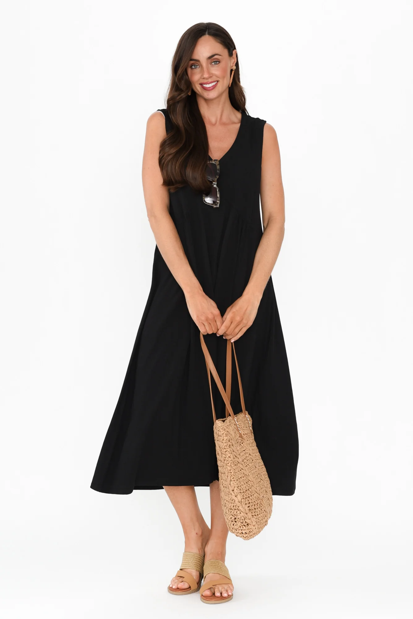 Tarah Black Cotton Stretch V Neck Dress