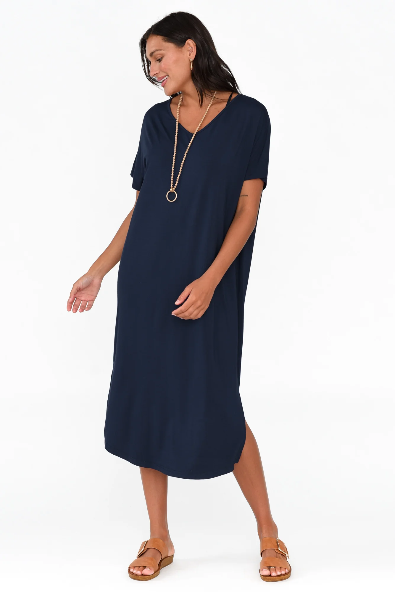 Dennis Navy Bamboo V Neck Dress