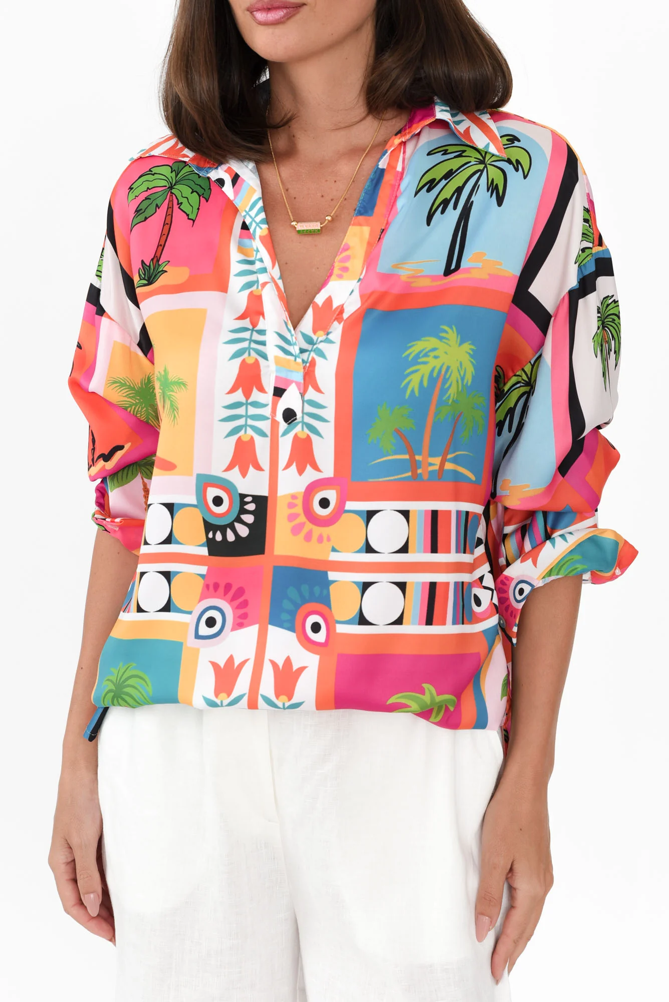 Suzy Pink Tropical V Neck Shirt