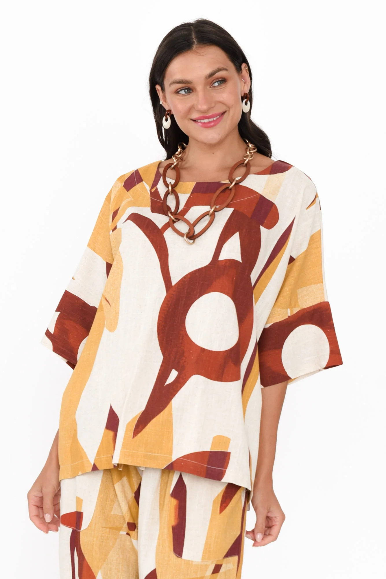 Alton Beige Abstract Linen Cotton Top