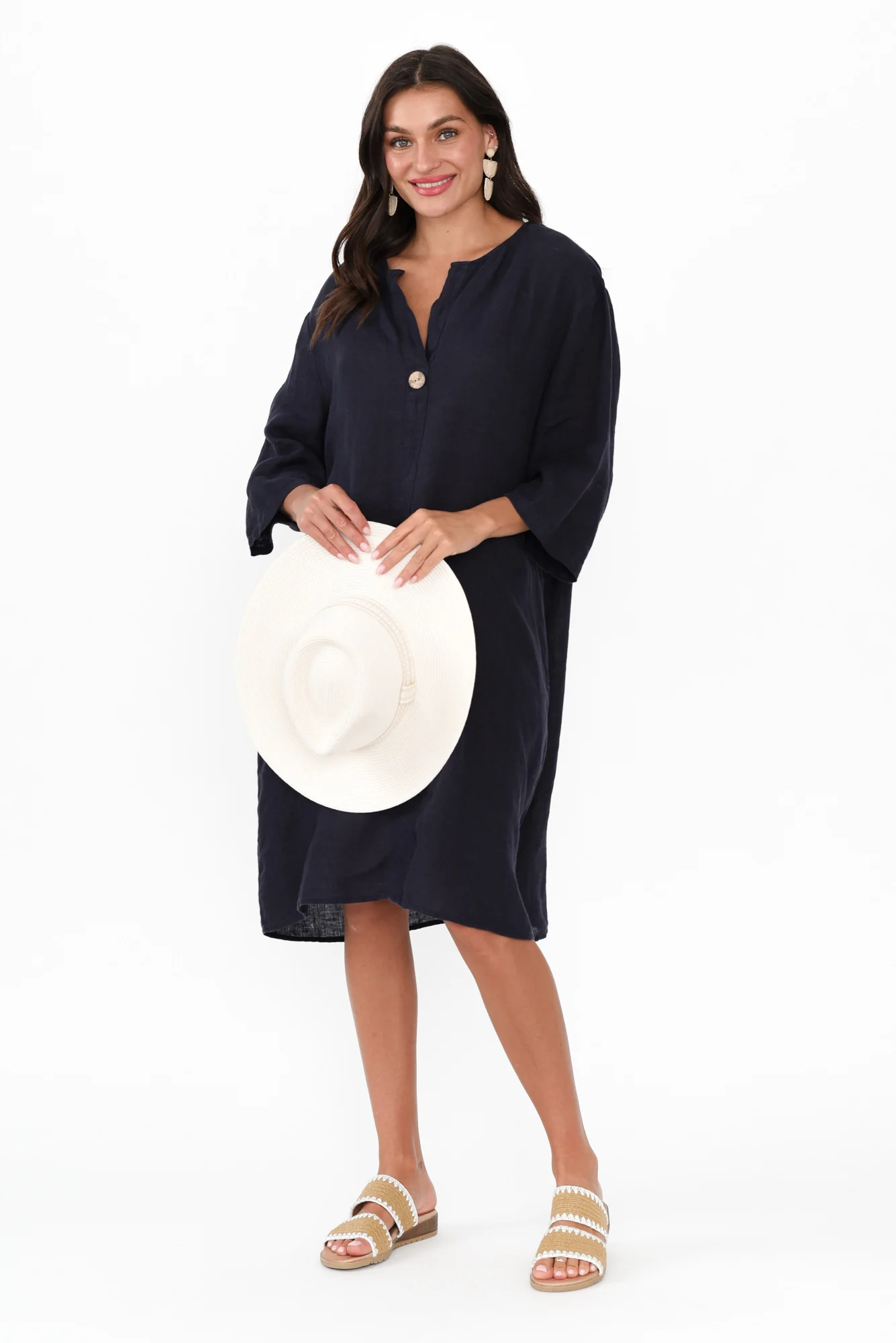 Sian Navy Linen V Neck Dress