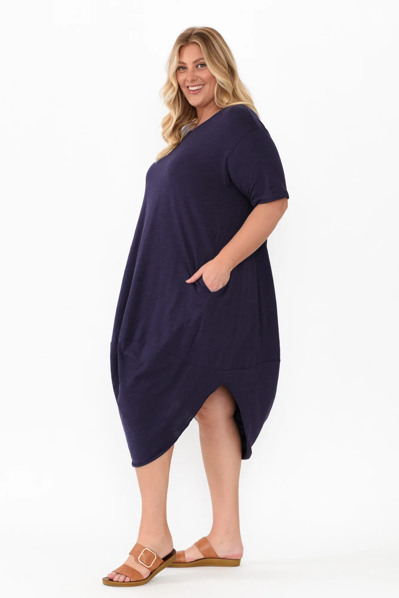 Mita Navy Cotton Slub Scoop Dress