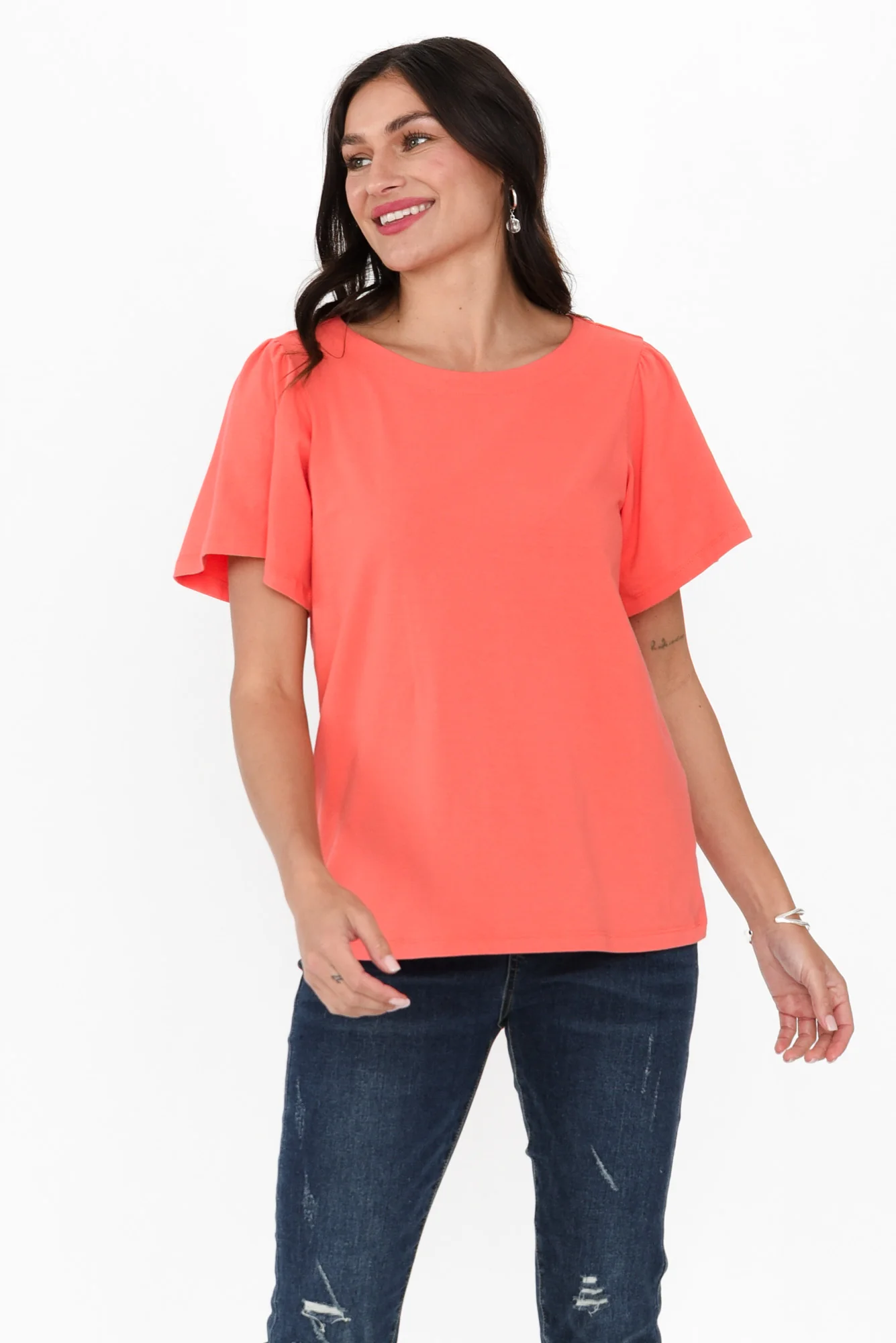 Calgary Coral Cotton Flutter Sleeve Top