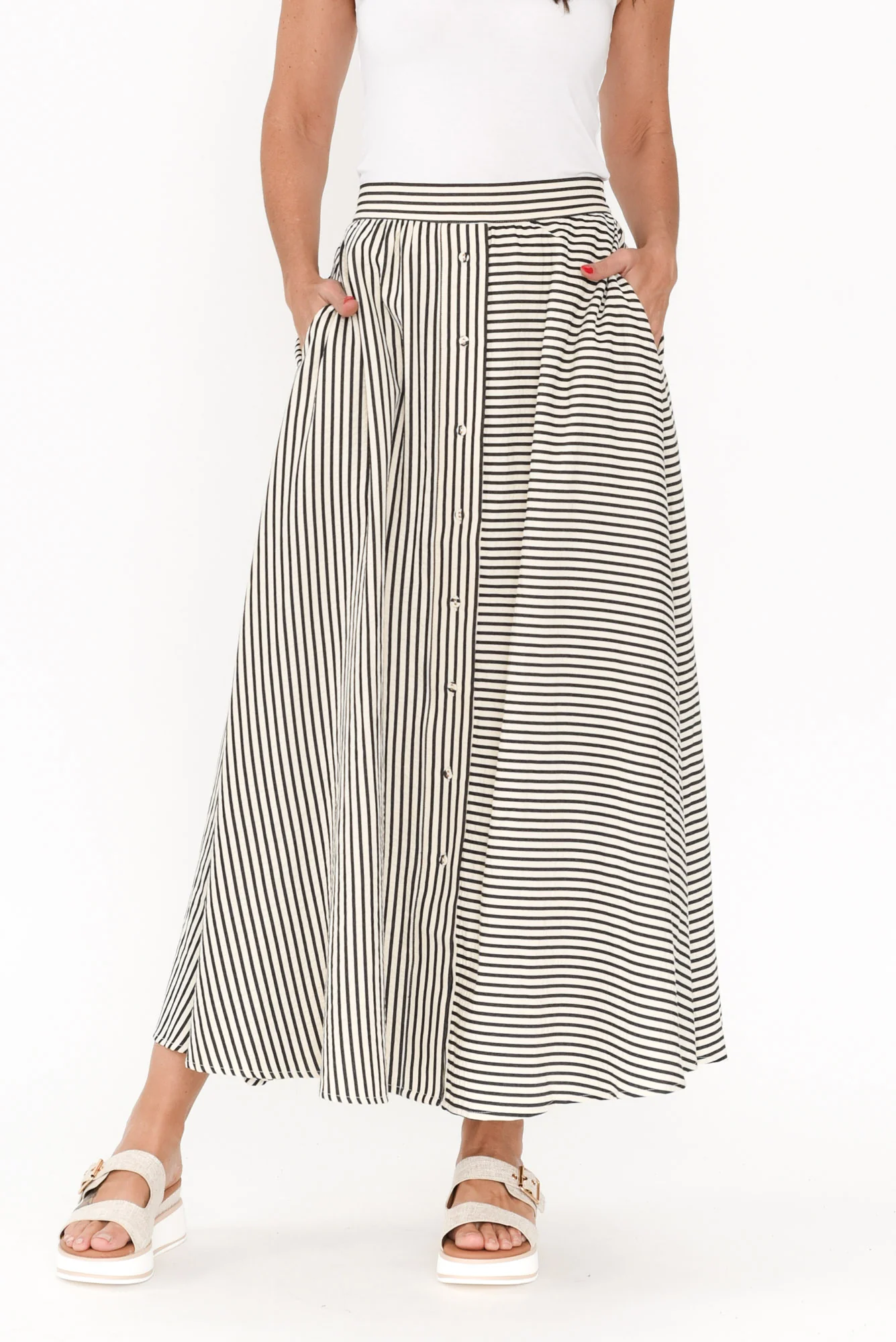 Lucy Black Stripe Button Skirt