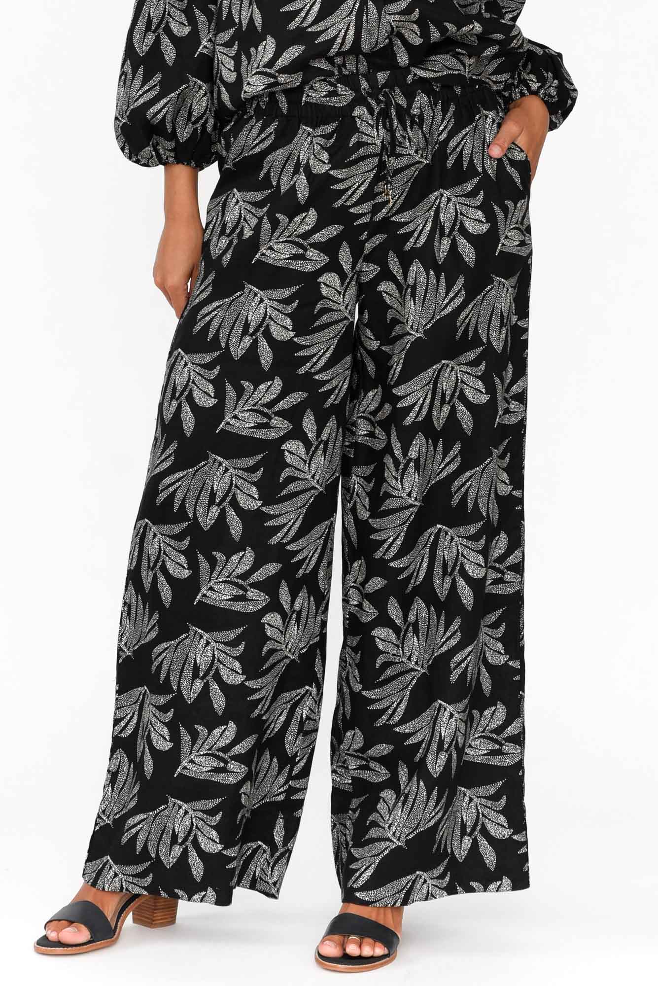 Eleri Black Palm Linen Wide Leg Pants