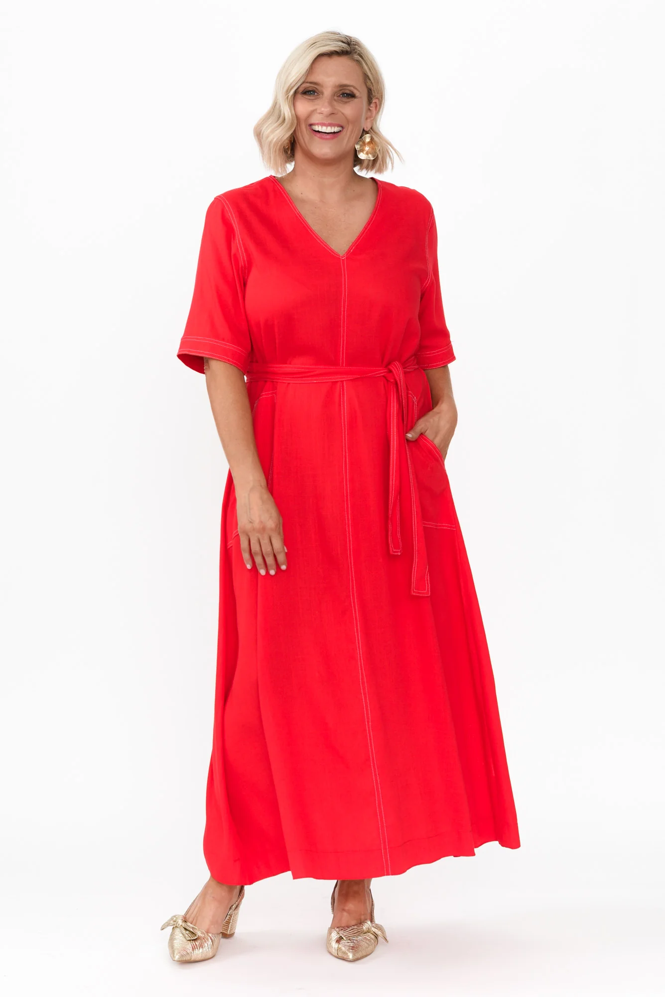 Navarra Red Contrast Linen Blend Dress