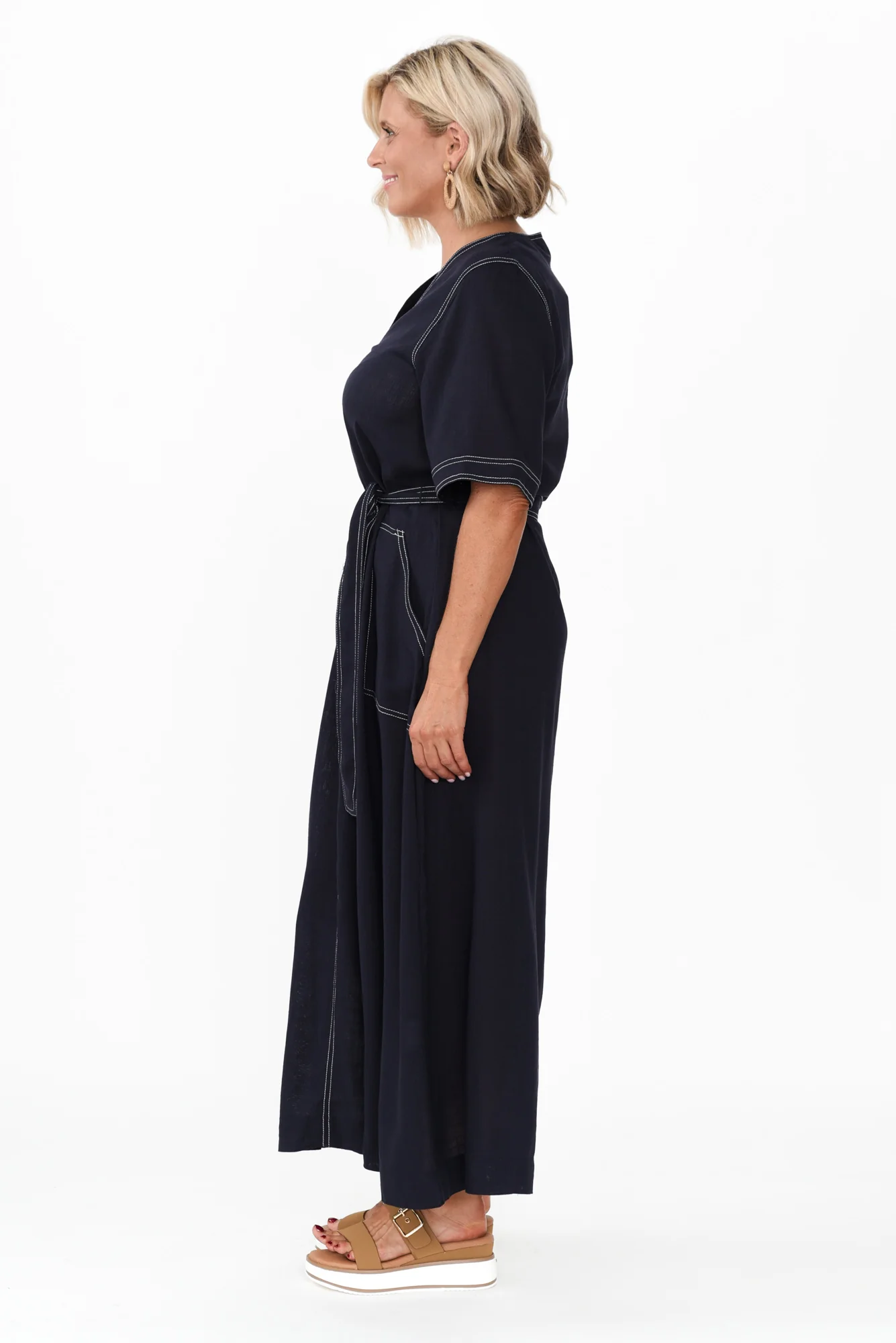 Navarra Navy Contrast Linen Blend Dress