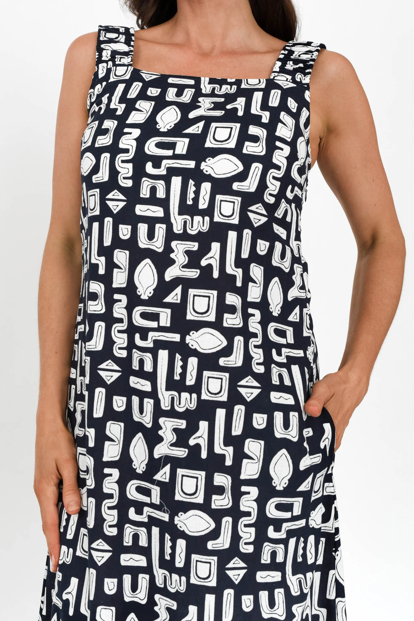 Etched Navy Geo Linen Blend Dress