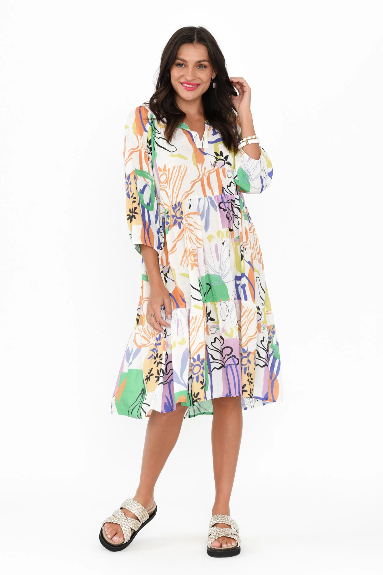 Irene White Garden Cotton Blend Dress