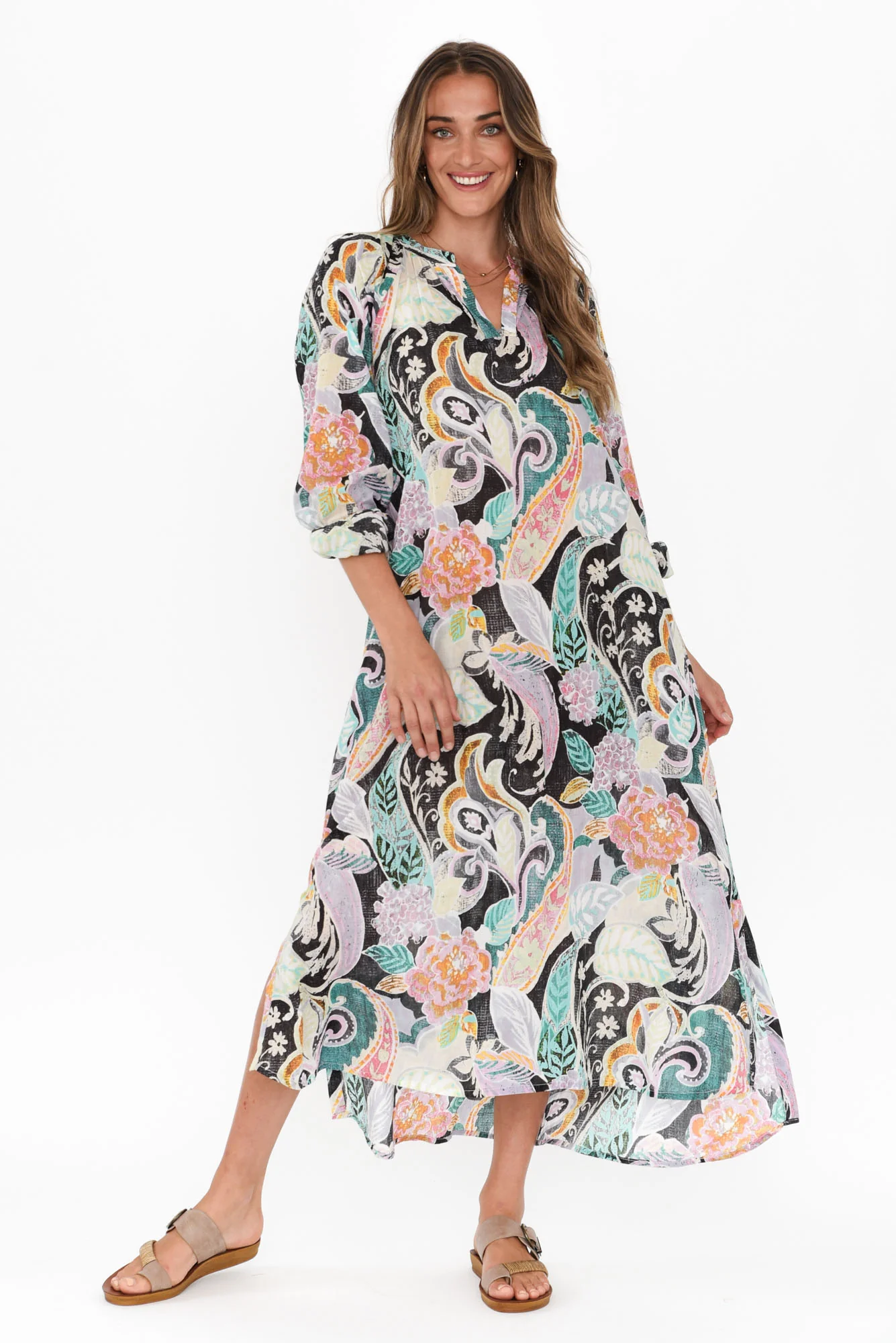 Liliana Black Paisley Cotton Kaftan