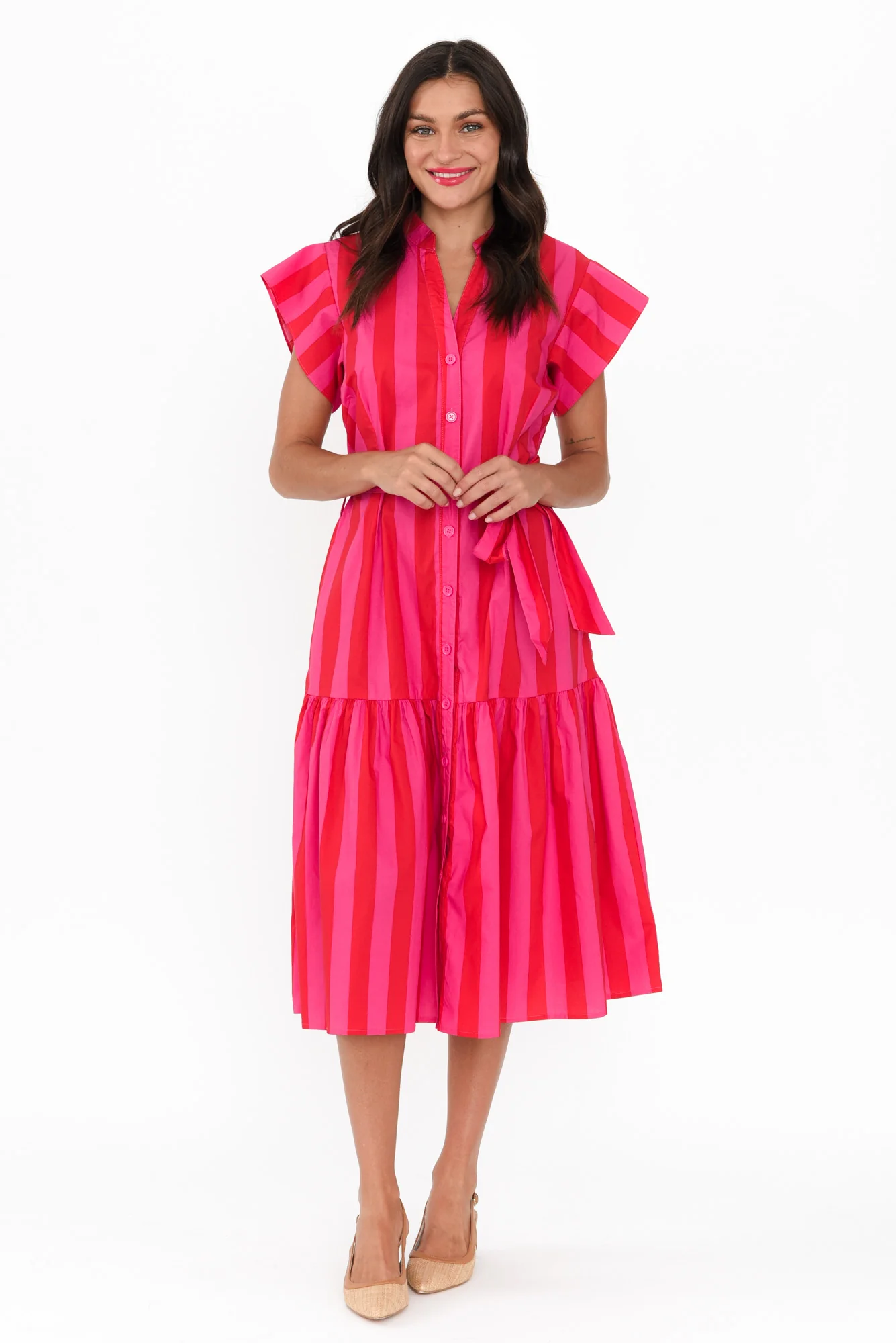 Mari Red Stripe Cotton Tie Dress